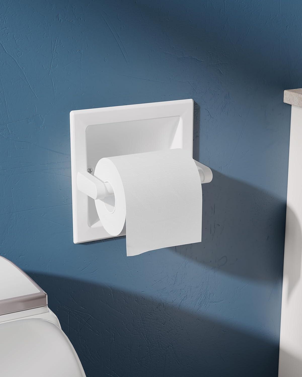 White Toilet Paper Holder Wall Mount, Bathroom Toilet Paper Holder White includes Rear Mounting Bracket, Recessed Toilet Paper Holder Spring Rod, White Toilet Paper Roll Holder