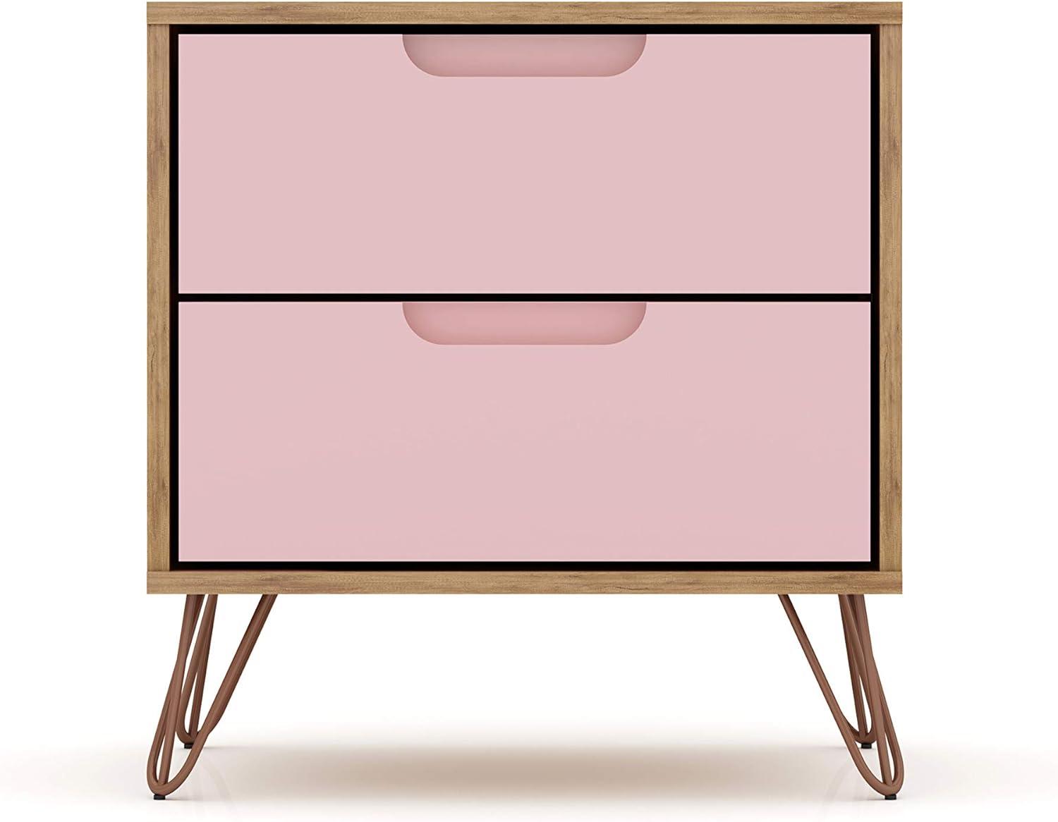 2.0 Rockefeller Nightstand Natural/Rose Pink - Manhattan Comfort: Modern MDF Bedside Storage with Metal Glides