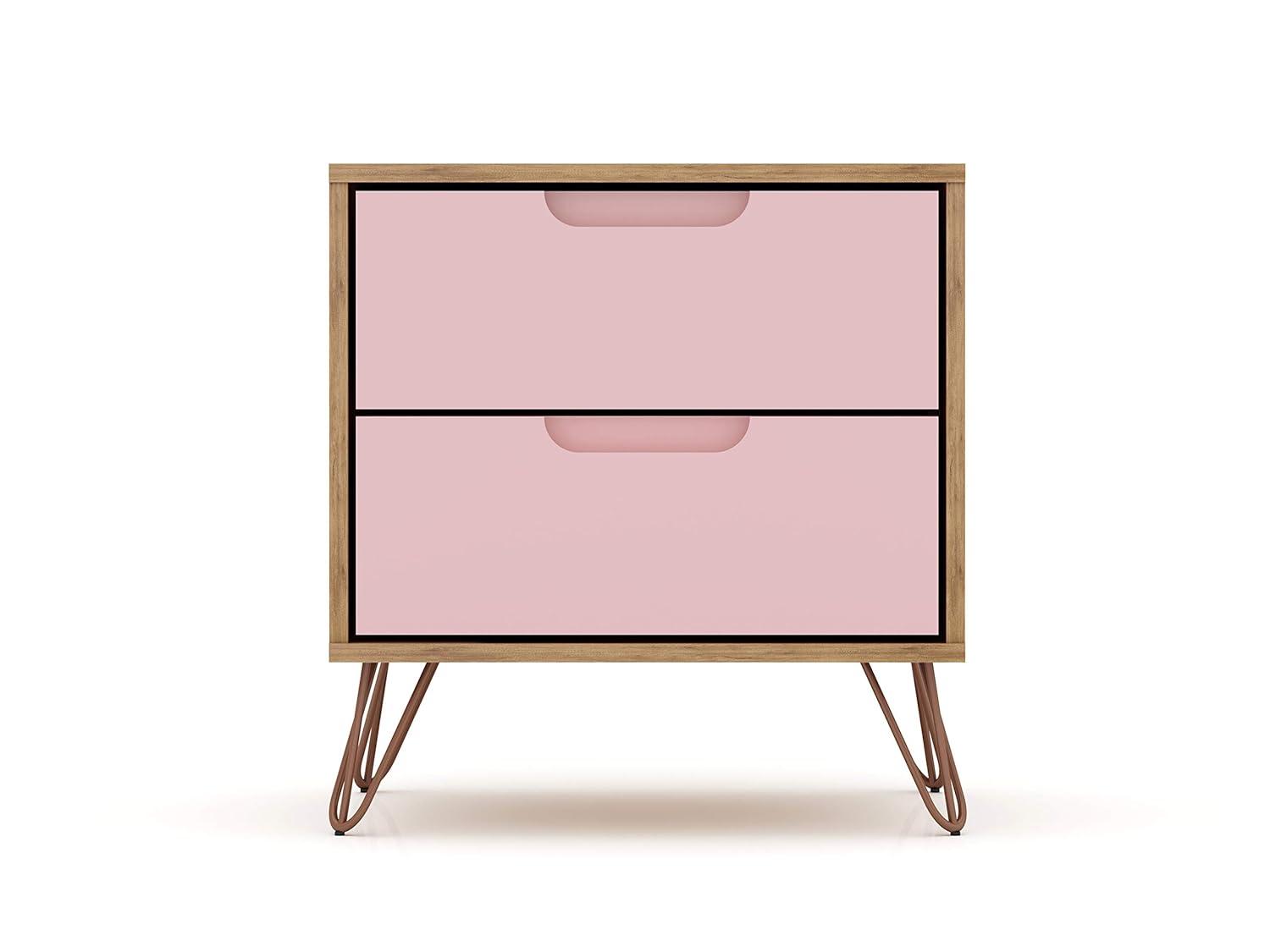 2.0 Rockefeller Nightstand Natural/Rose Pink - Manhattan Comfort: Modern MDF Bedside Storage with Metal Glides