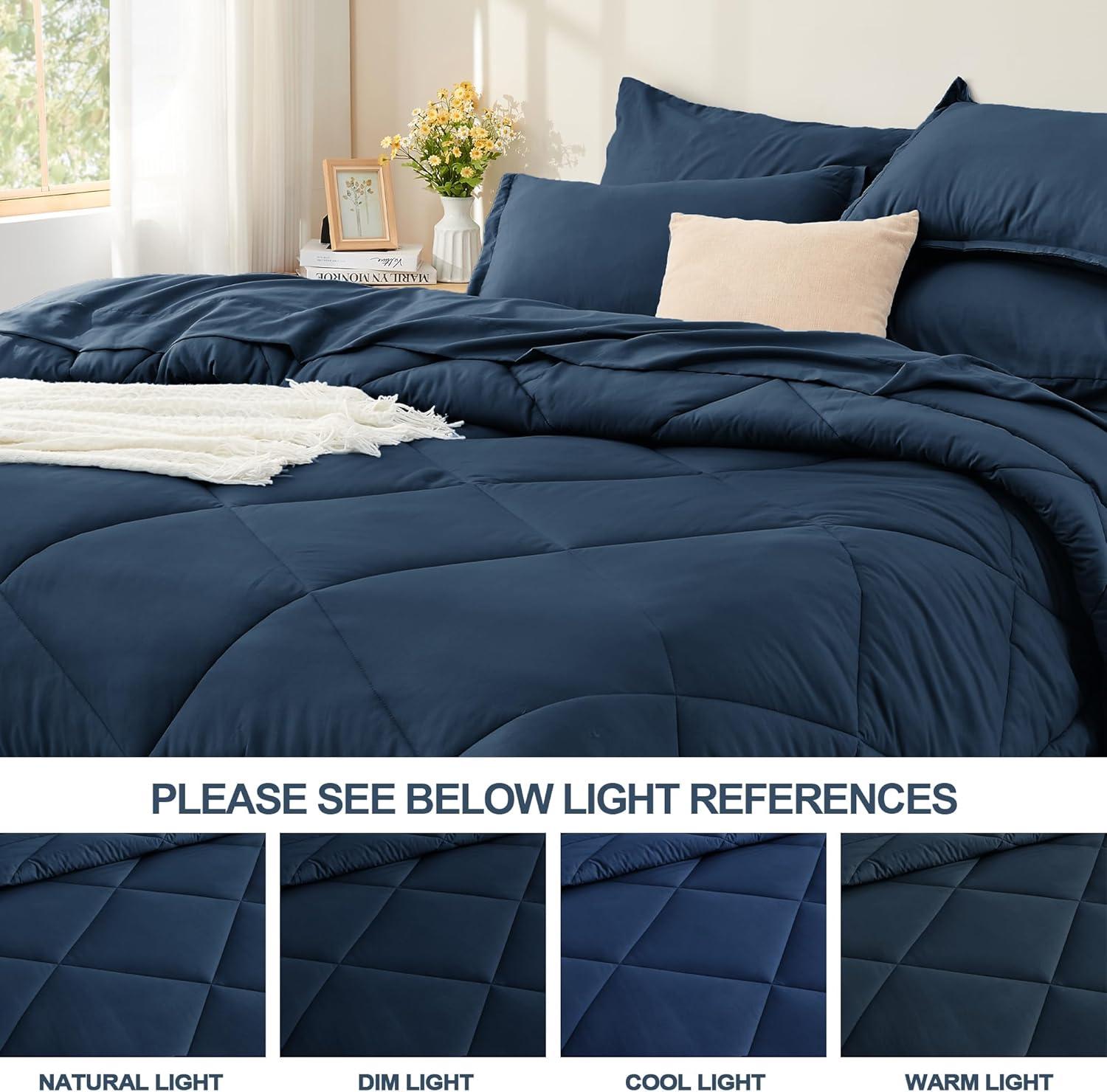 Virtu Queen Comforter Set, 7pc Bed in a Bag, Pleated Bedding Comforter Sets with Sheets, Navy