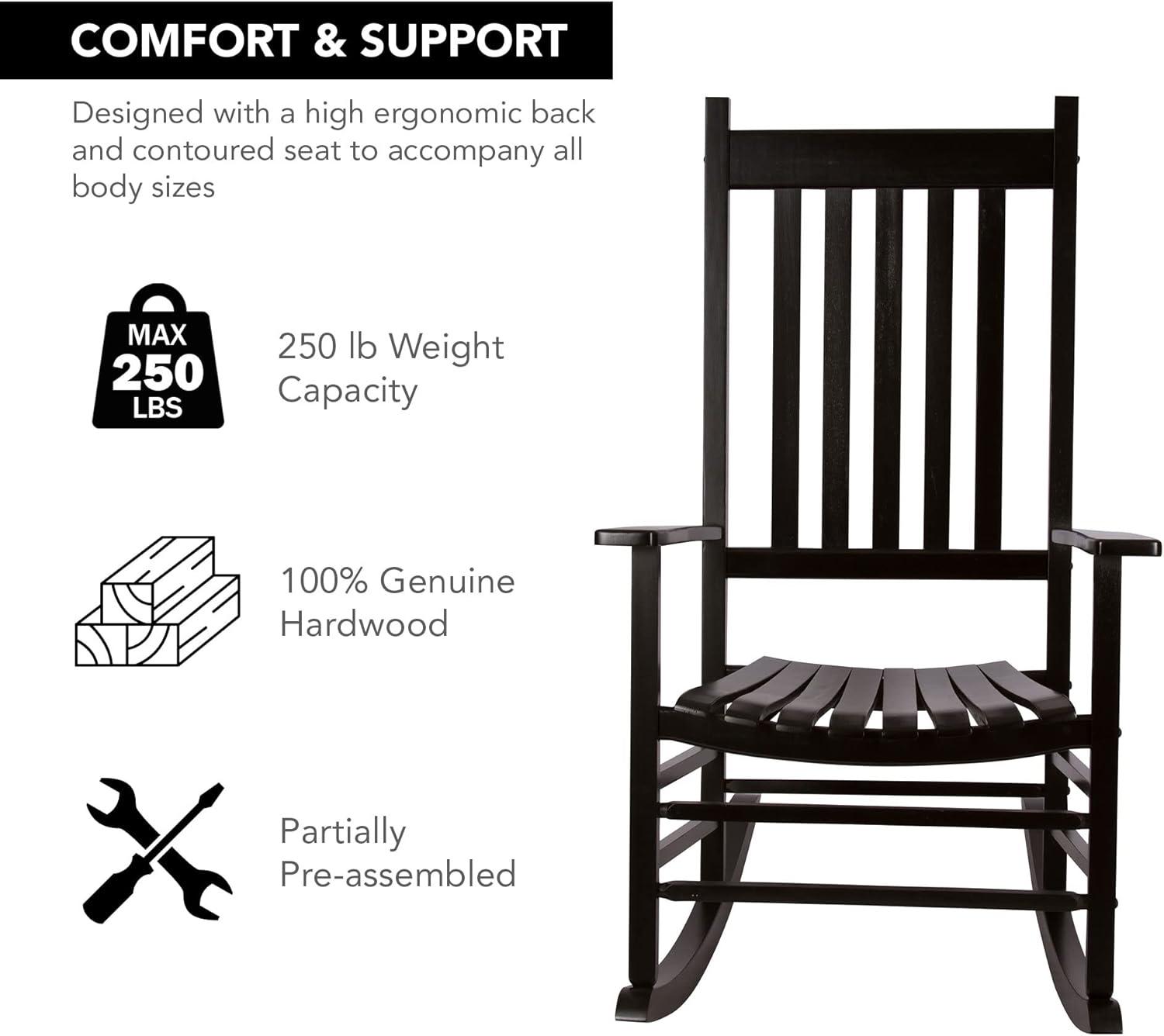 Shine Company Vermont Porch Rocker, High Back Wood Rocking Chair, Black