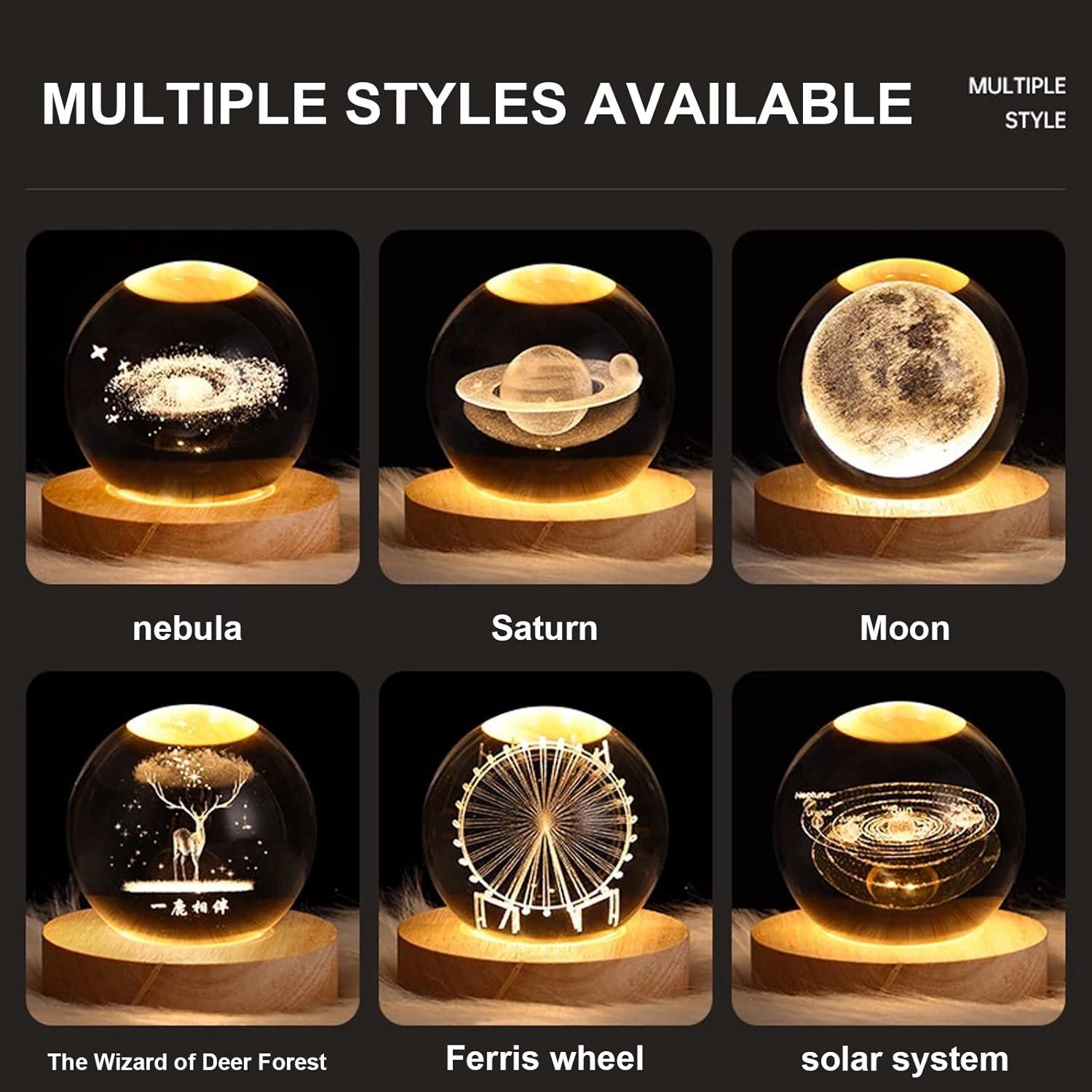Saturn Crystal Ball, 2.4 inch(6cm) LED Solar System Crystal Glass Sphere Lamp with Wooden Base, Decorative Glass Ball Saturn Planet Model Decor Space Universe Gifts for Men, Friends and Girls