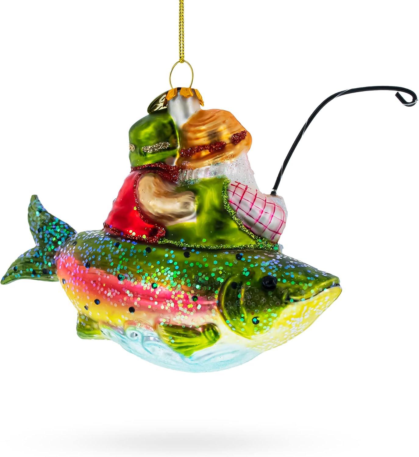 Santa Fishing on Boat Blown Glass Christmas Ornament