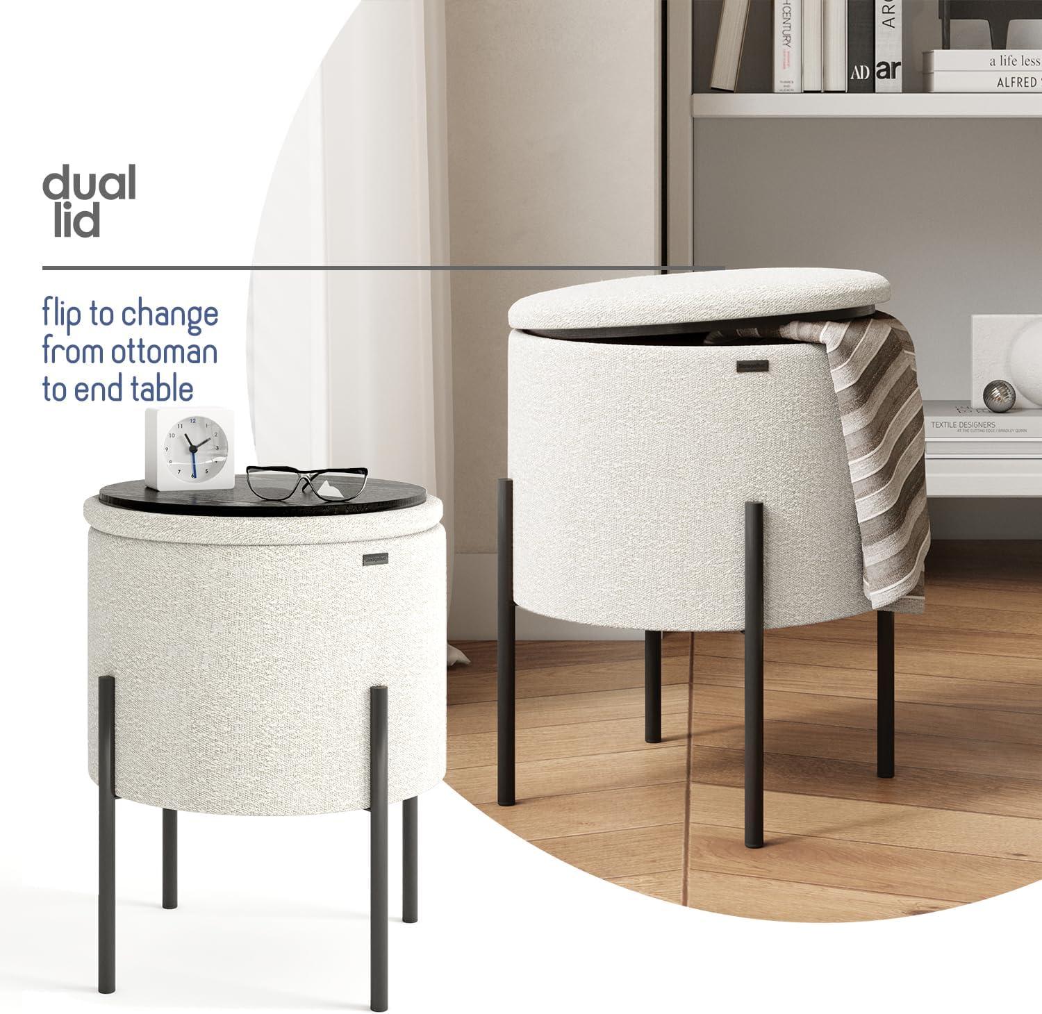 StorageBud Round Ottoman with Storage, Modern Boucle Storage Ottoman, Small Foot Stool Ottoman for Living Room and Bedroom, White