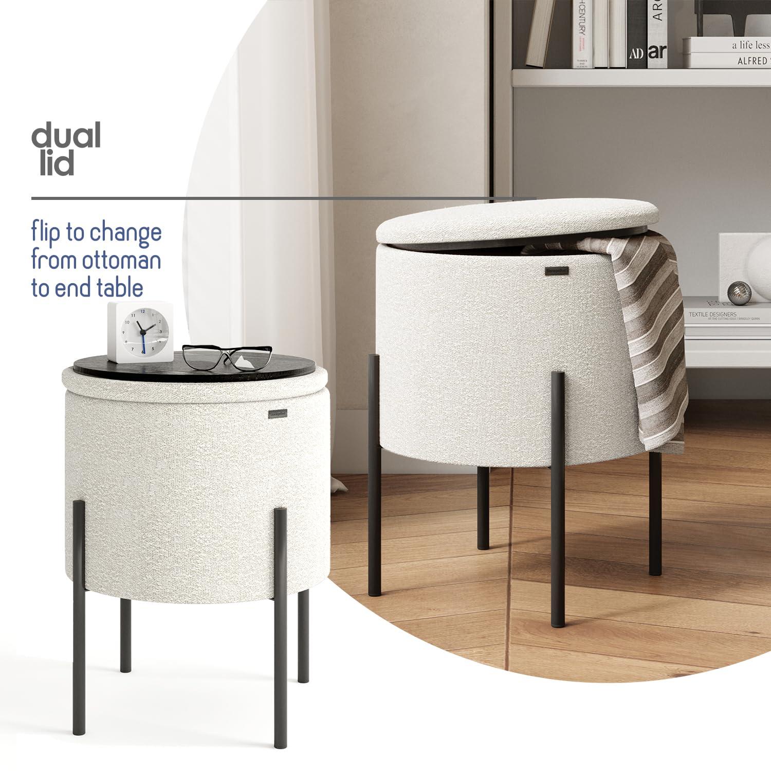 StorageBud Round Ottoman with Storage, Modern Boucle Storage Ottoman, Small Foot Stool Ottoman for Living Room and Bedroom, White