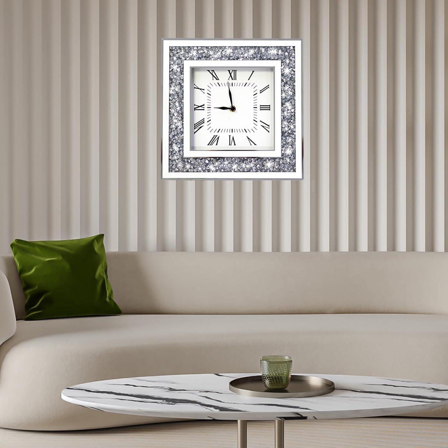 Silver Glass Mirrored Square Wall Clock with Crushed Diamonds