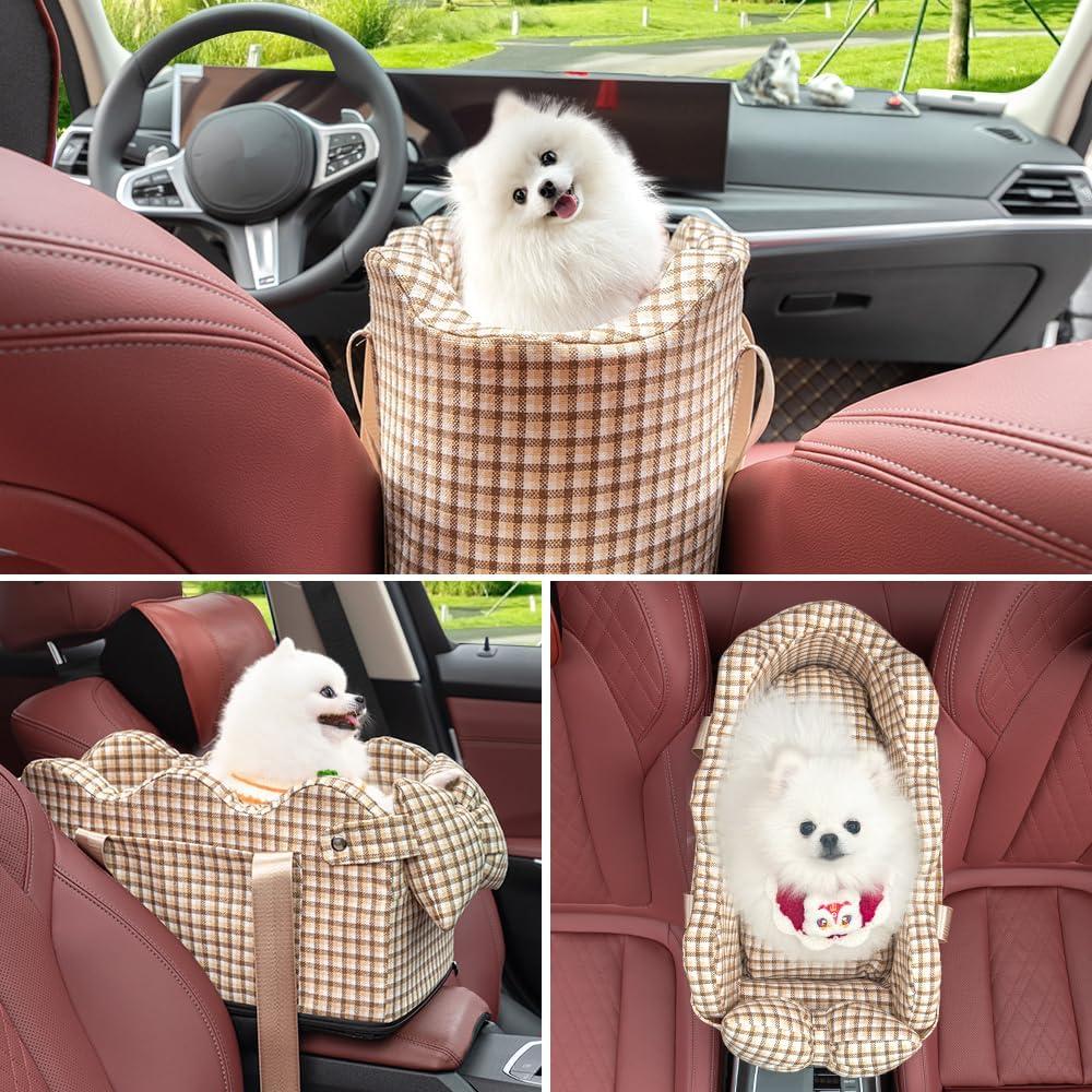 Beige Plaid Small Dog Car Booster Seat