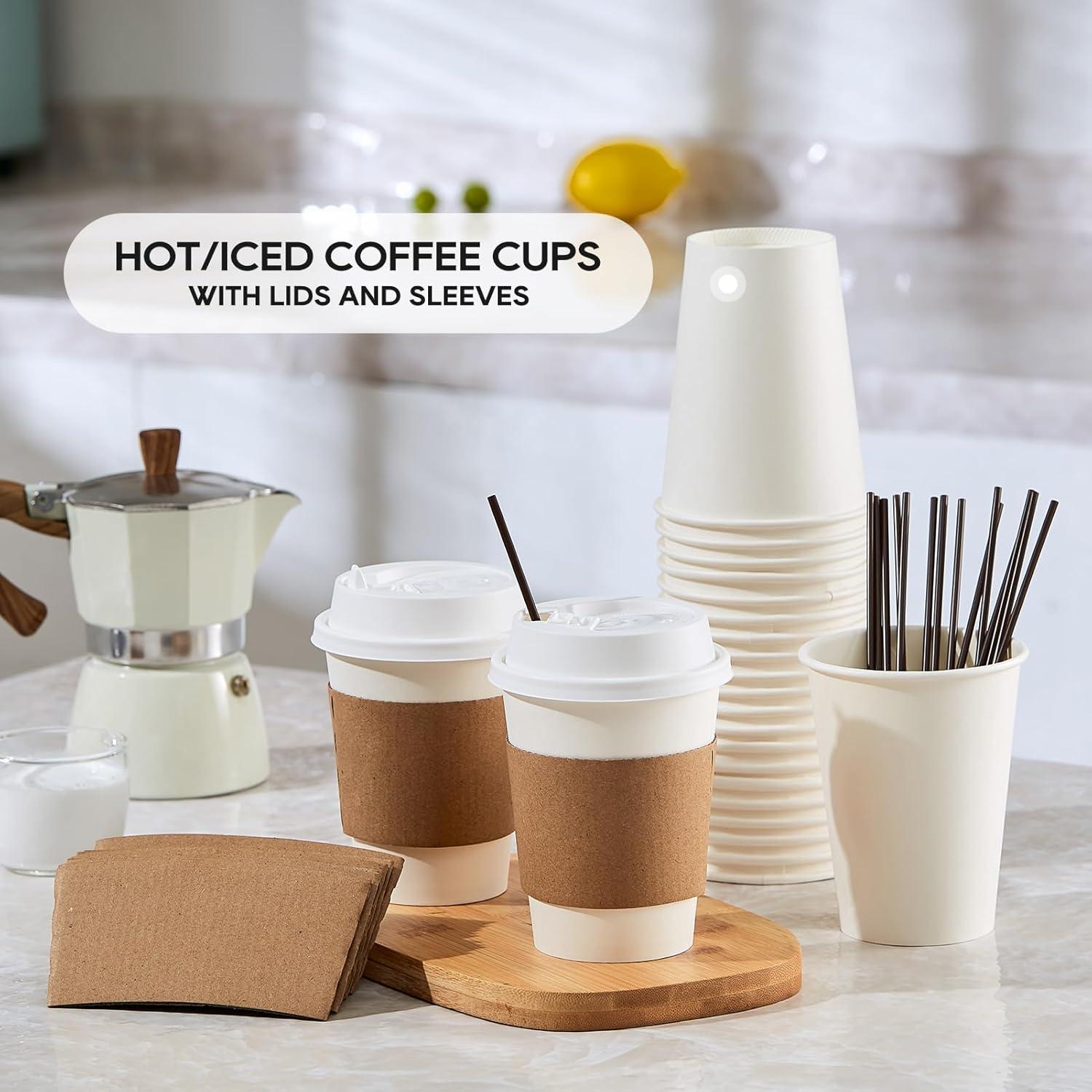 FAST APPLIANCES LLC Paper Cups,Cups,Disposable Cups 100 Pack 12 Oz Leak-Proof Coffee Cups With Lids And Sleeves Disposable Paper To Go Hot Coffee Cups For Home, Business, Office, Cafes And Parties