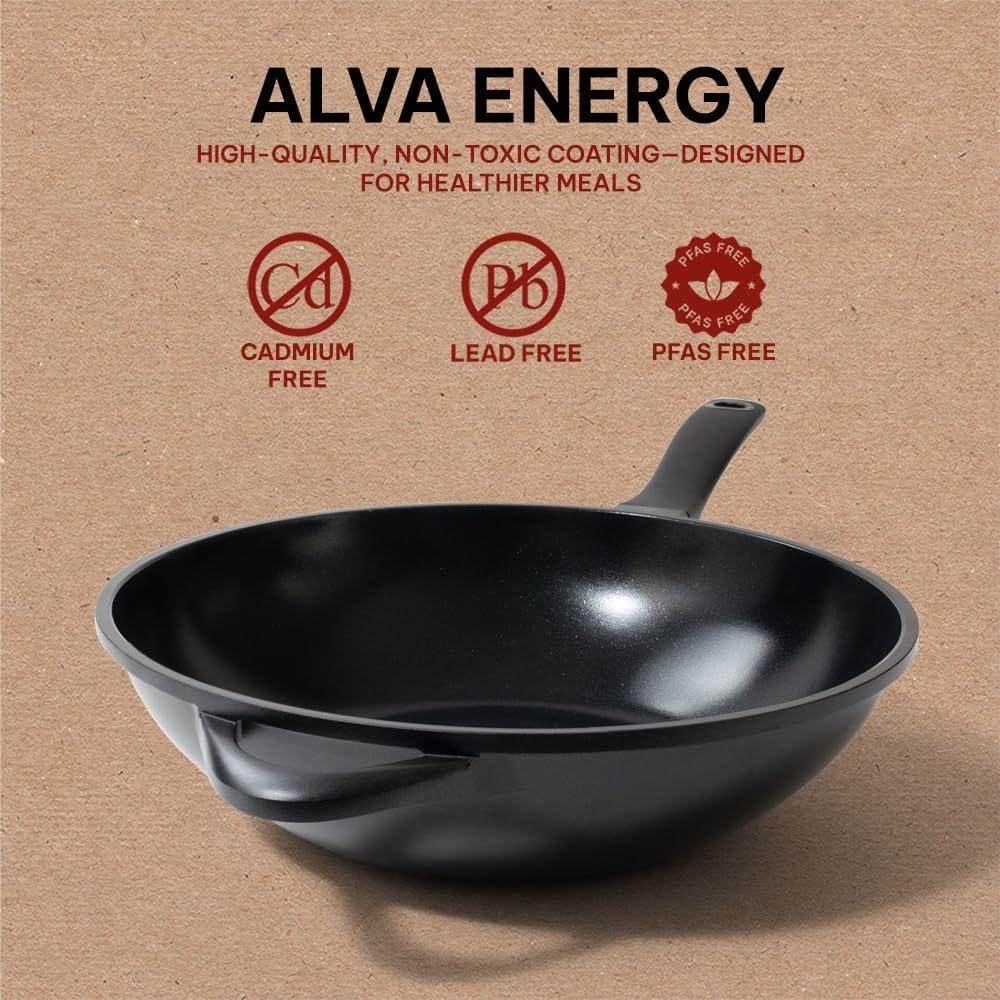 Alva Energy Nonstick Ceramic Wok Pan Skillet Non Toxic Pre-Seasoned Kitchen Cookware 12"