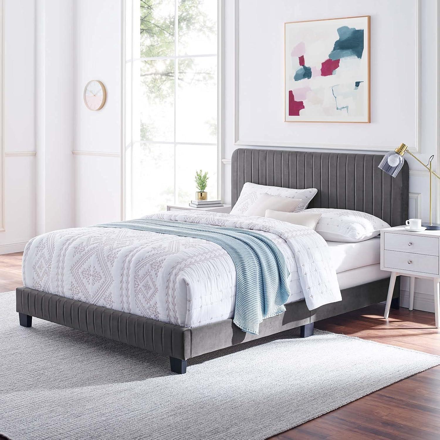 Modway Celine Channel Tufted Performance Velvet King Bed in Gray