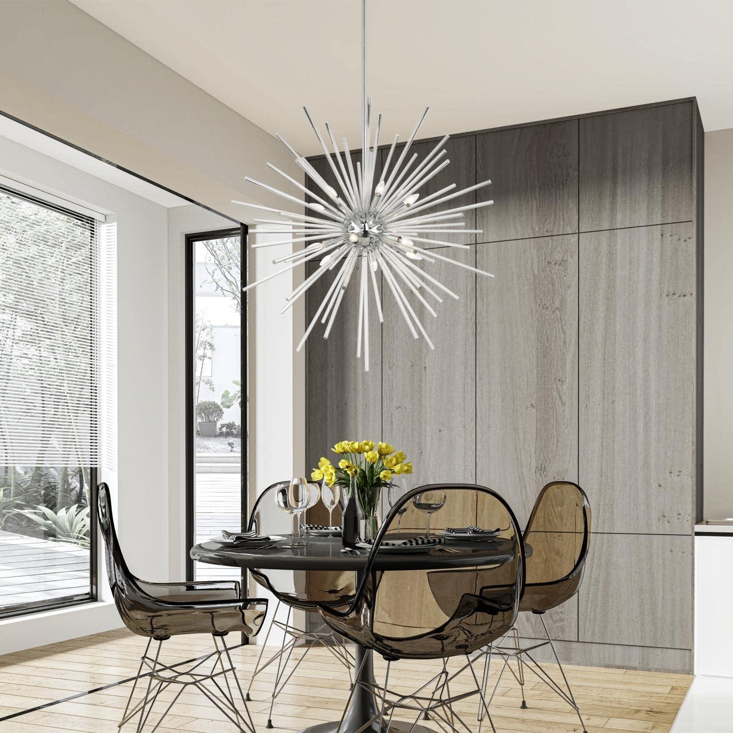 Polished Chrome 12-Light Foyer Pendant Chandelier with Clear Crystal Rods