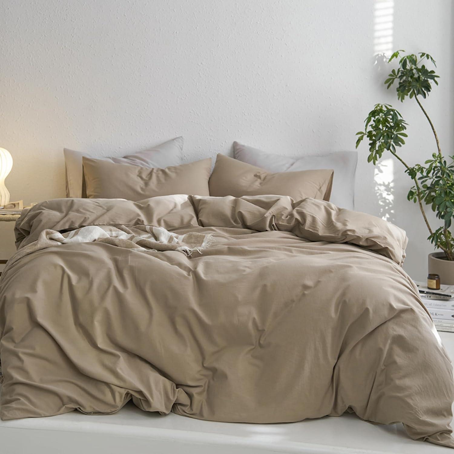 MooMee Washed Cotton Duvet Cover Set Linen Like Textured Breathable 3-Piece (Brown, Queen)