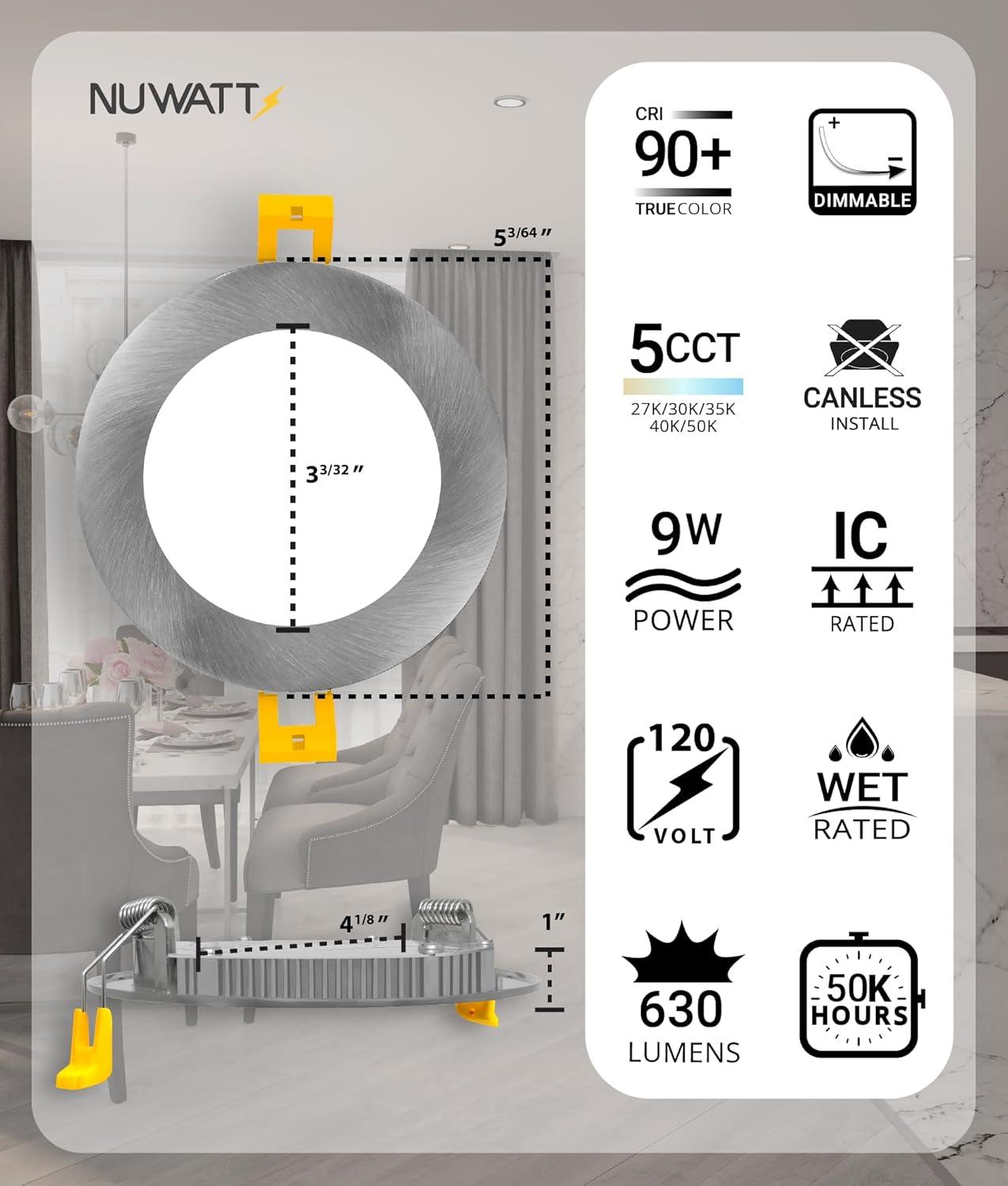 Panel Downlight 4'' Selectable Color Temperature Dimmable Air-Tight IC Rated LED Canless Recessed Lighting Kit