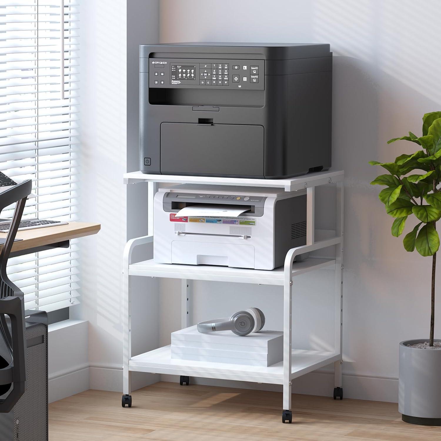 Large Printer Stand with Storage Shelf, 23.6" W x 18.9" D Printer Cart with Wheels, 3 Tier Mobile Printer Table for Home Office,Stands for Printer Heat Press Scanner Fax (White)