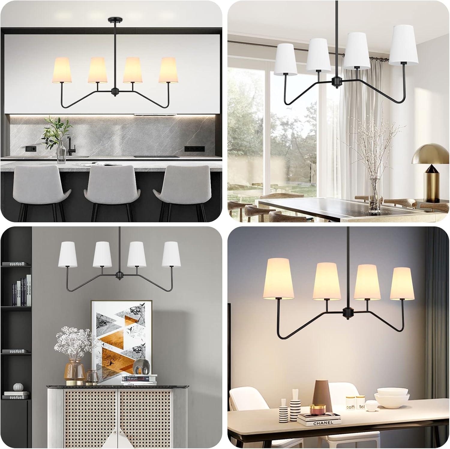 Brightever 4-Light Gold Linear Chandelier, Kicthen Island Light Fixture for Dining Room Over Table, Modern Pendant Lighting with White Fabric Shades for Pool Table, E12 Base (Bulb not Included)