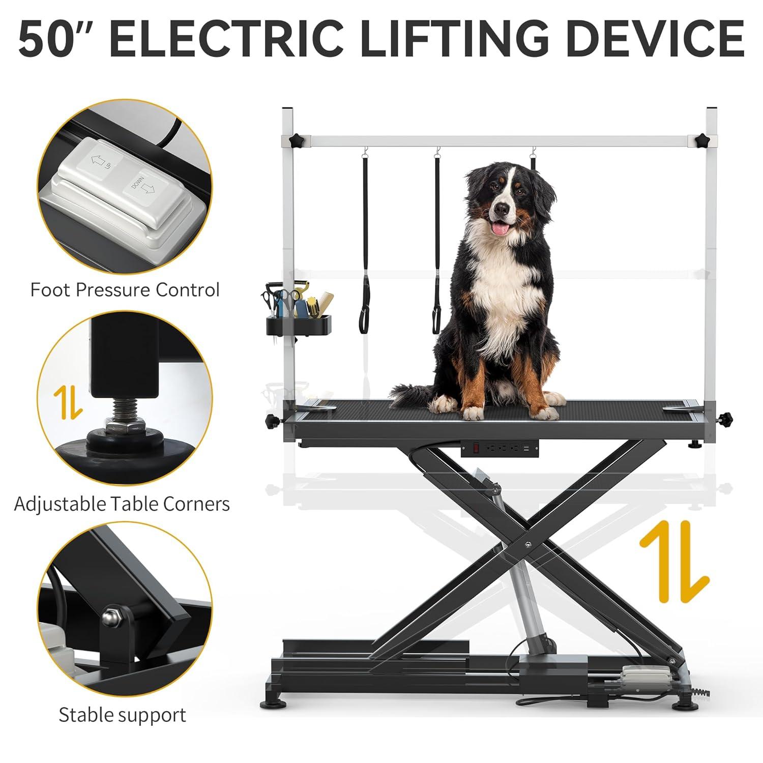 Dextrus 50" Dog Grooming Table Heavy Duty Electric Lift Pet Grooming Table for Large Dogs, Adjustable Overhead Arm Anti Slip Tabletop Tool Organizer, Dog Grooming Station