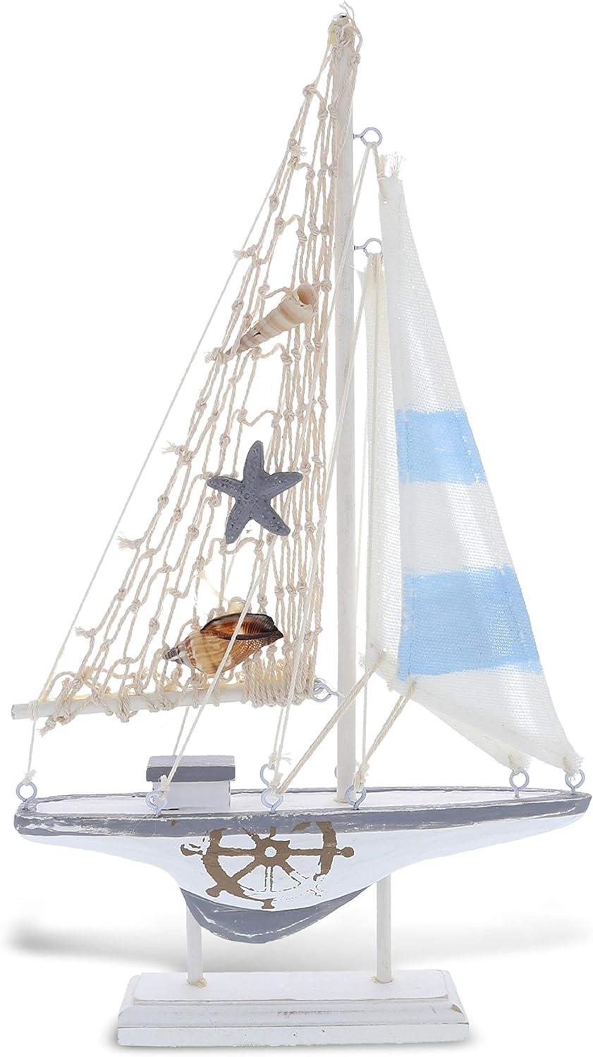 Handmade Wooden Nautical Sailboat Figurine with Seashells