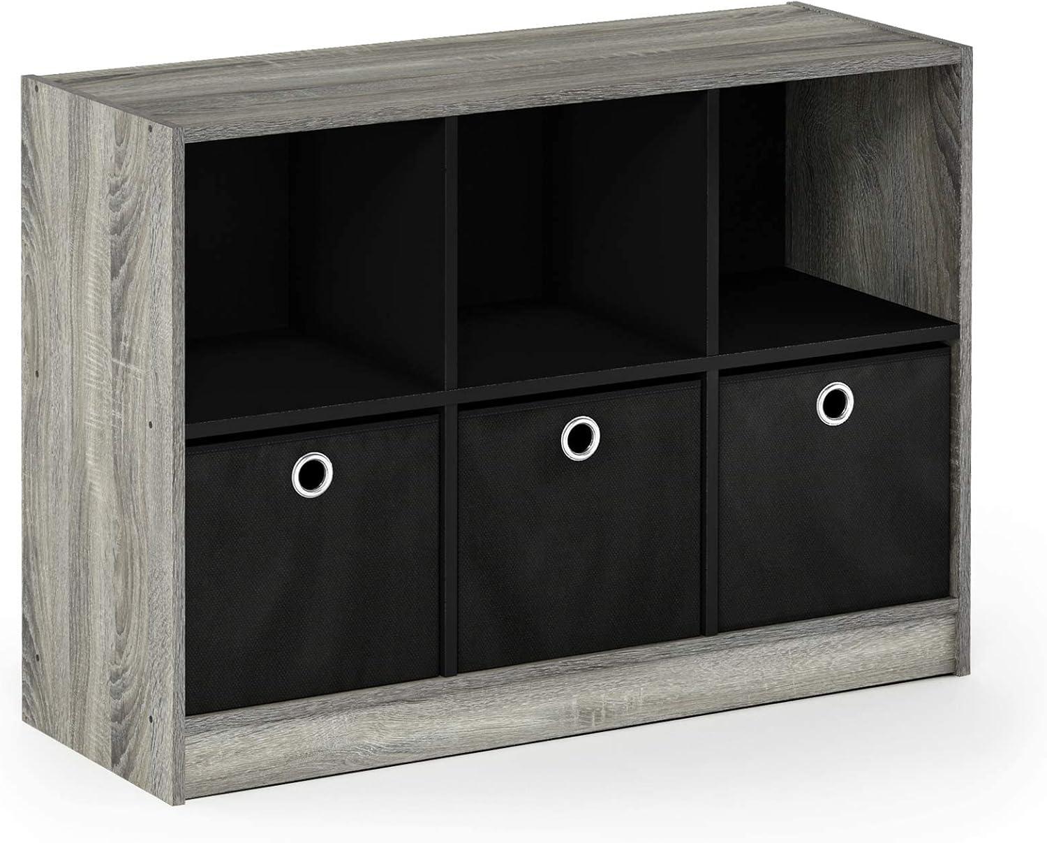 Gray Oak and Black 34" Modern Bookcase with Fabric Drawers