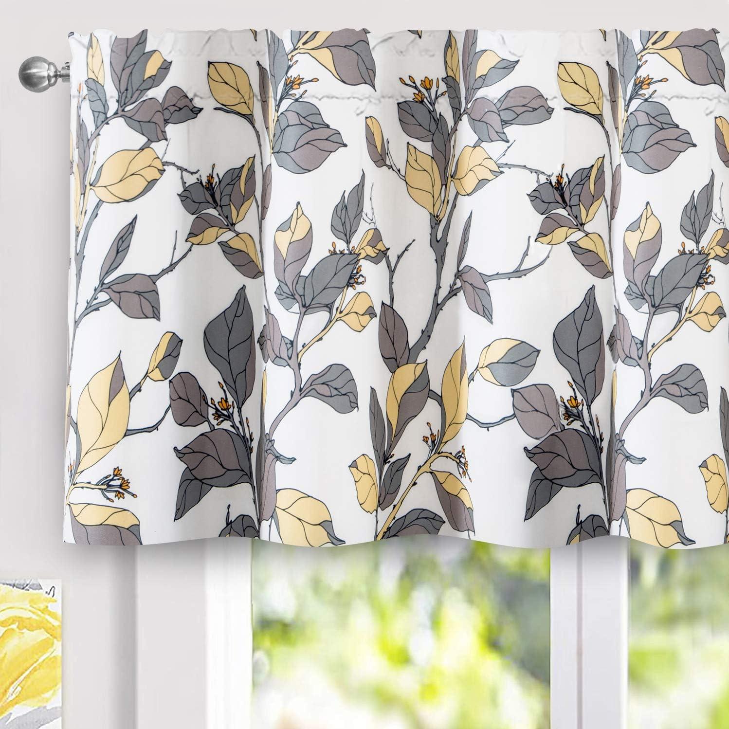 DriftAway Ryan Floral Leaves Blackout Window Curtain Valance Rod Pocket Yellow Gray 52"Wx24"L+2" Header