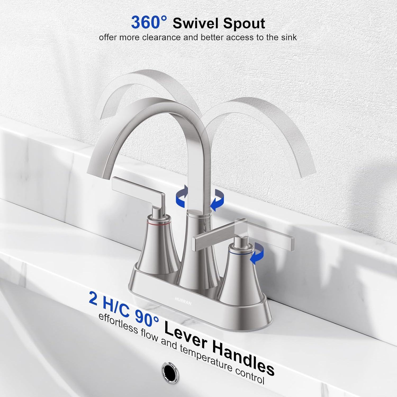 Bathroom Sink Faucet, Hurran 4 inch Brushed Gold Bathroom Faucets for Sink 3 Hole with Pop-up Drain and Supply Hoses, 360 Swivel Spout 2-Handle Centerset Faucet for Vanity RV Farmhouse