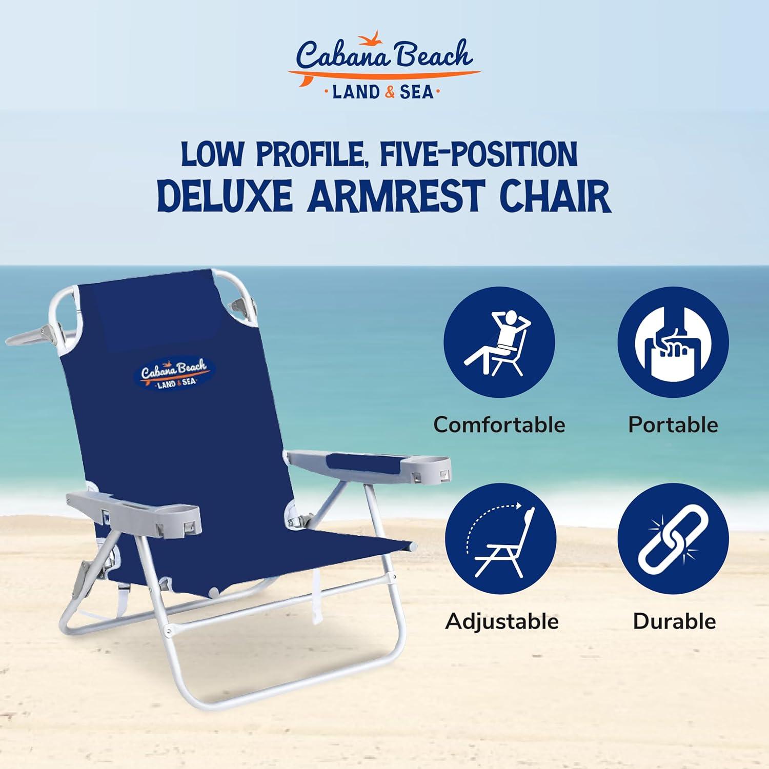 Cabana Beach 5-Position Deluxe Beach Chair, 225lb Capacity, Backpack Straps