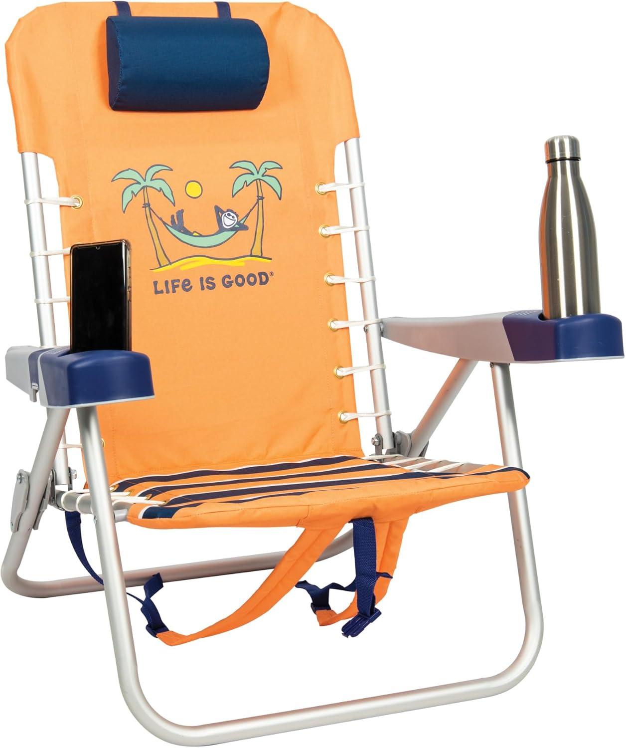 Life is Good 4-Position Backpack Pillow and Cup Holder Beach Chair, Canyon Orange