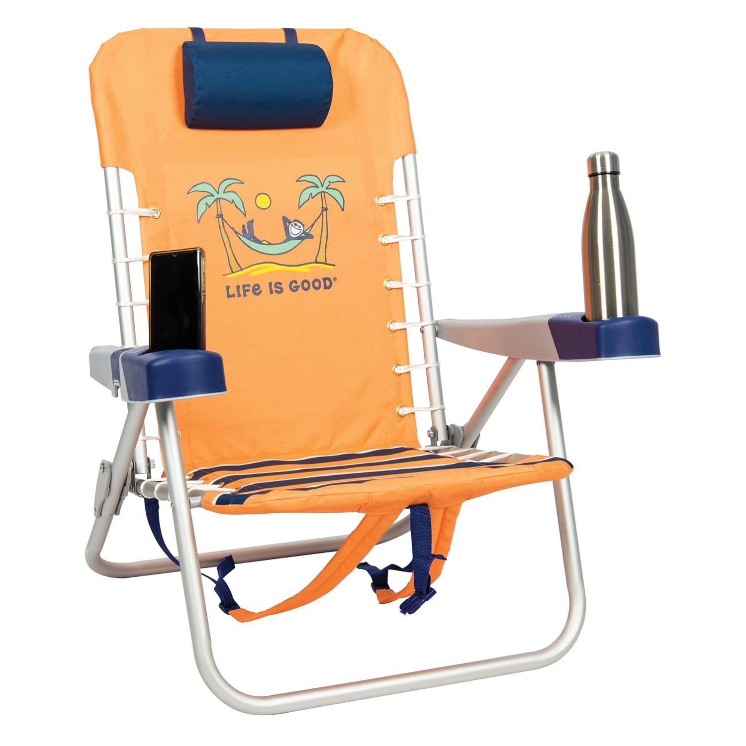 Life is Good 4-Position Backpack Pillow and Cup Holder Beach Chair, Canyon Orange