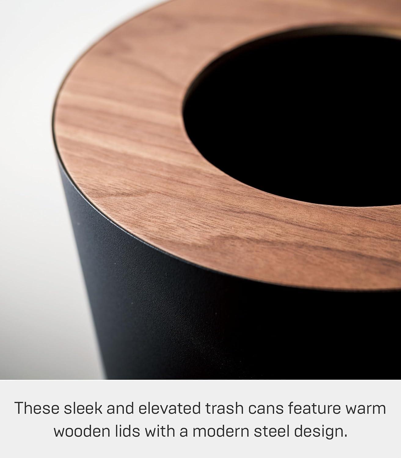 Rin Yamazaki Home Round Trash Can, 1.85 gallon Wastebasket Bathroom Kitchen Office, Steel + Wood