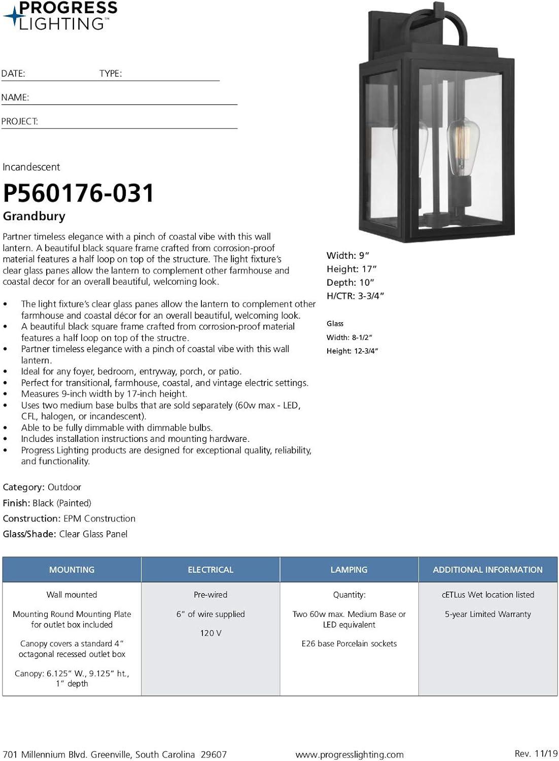 Progress Lighting Grandbury 2-Light Outdoor Hanging Lantern in Black, Clear Glass Panels, DURASHIELD Material