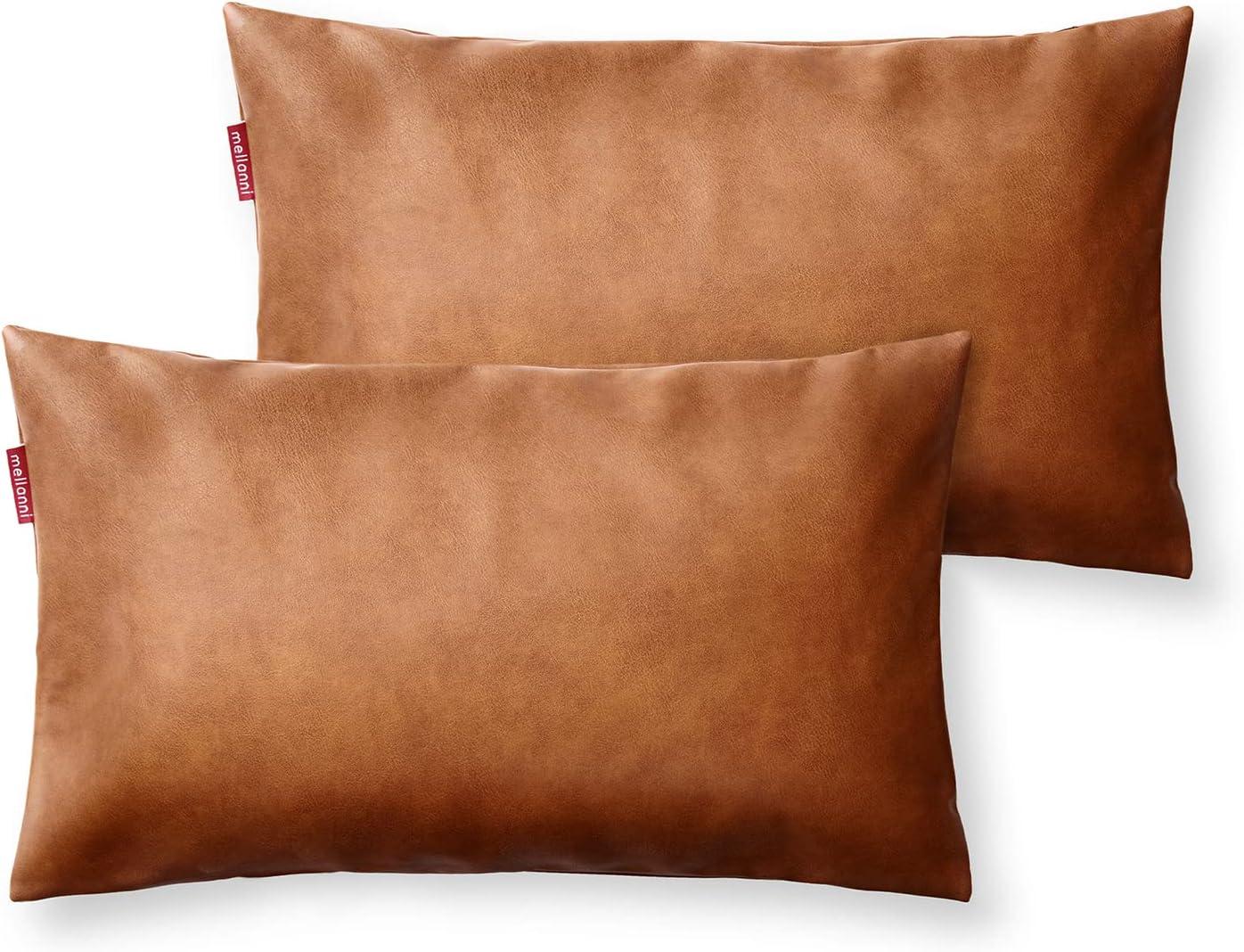 Brown Faux Leather 12x20 Throw Pillow Covers with Zipper Closure