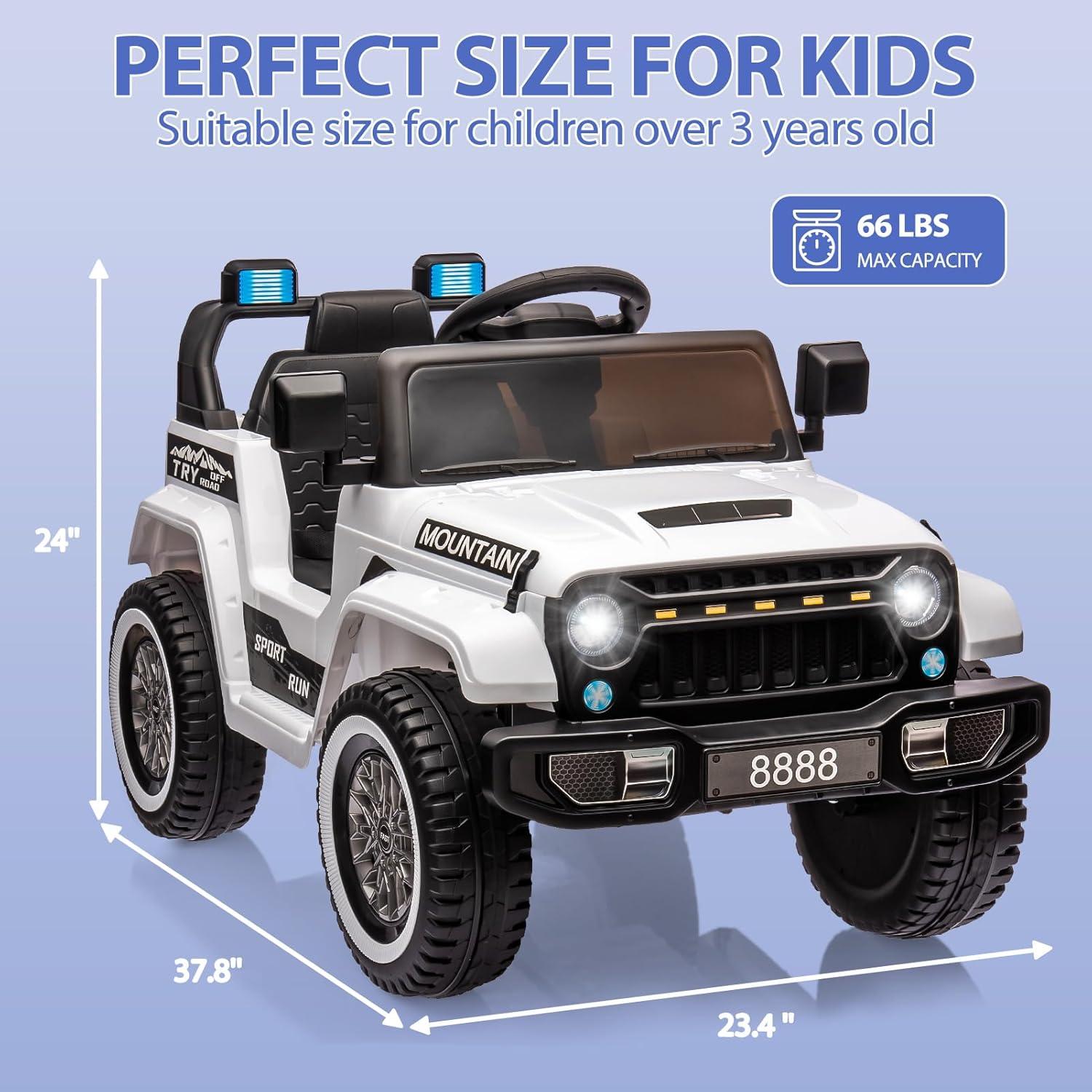 White 12V Kids Ride-On Truck with Remote Control and LED Lights