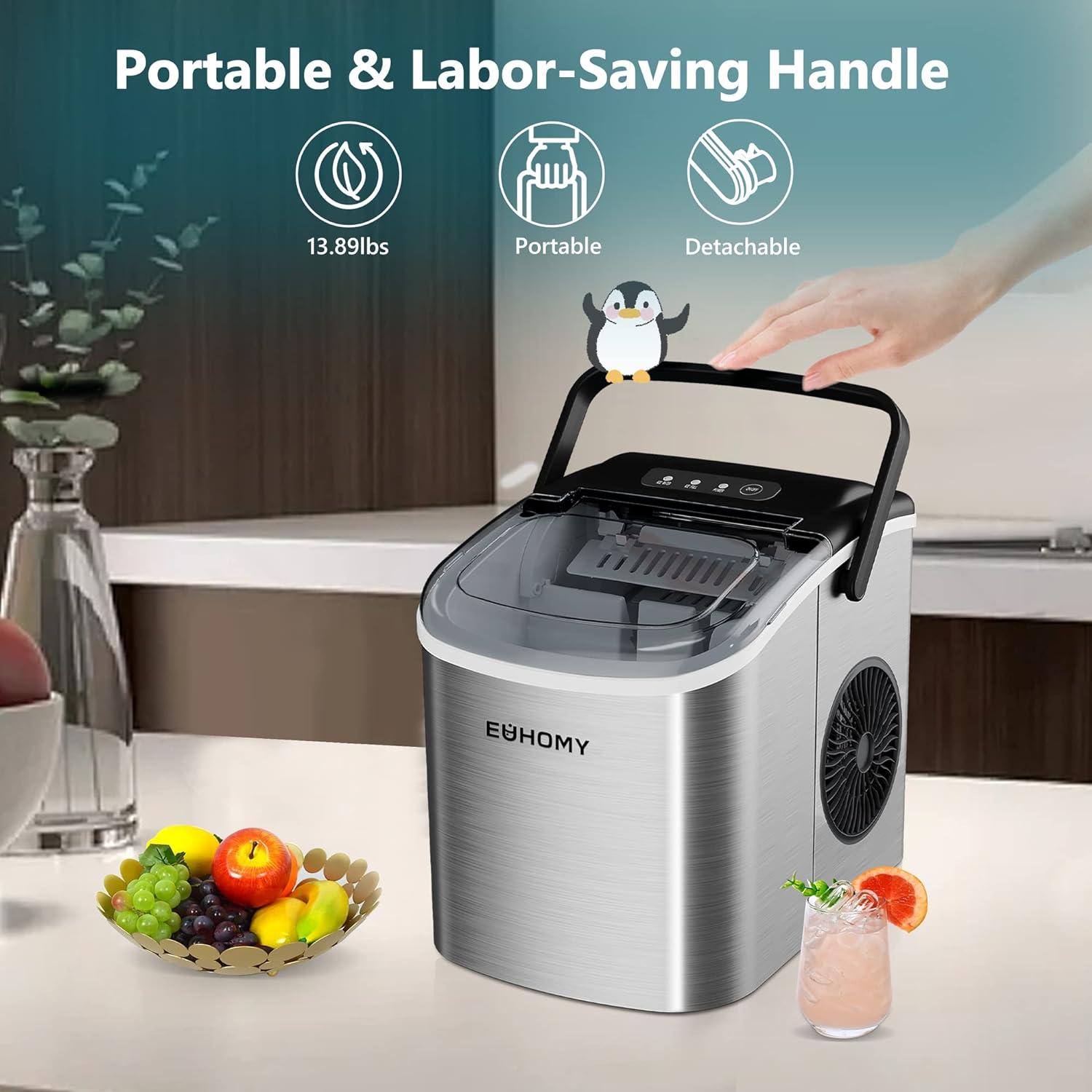 Ice Maker Countertop with Handle, 26lbs in 24Hrs, 9 Ice Cubes Ready in 6 Mins, Auto-Cleaning Portable Ice Maker with Basket and Scoop, for Home/Kitchen/Camping/RV. (2024 New Silver) Utensils