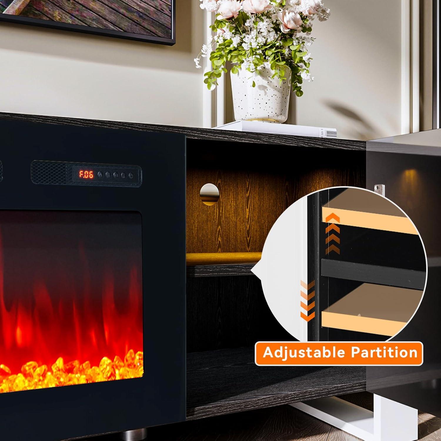 oneinmil Fireplace TV Stand with 36" Electric Fireplace, LED Light Entertainment Center, Modern Wood Texture Entertainment Stand with Highlight Storage Cabinet for TVs Up to 80", 70 inches, Black