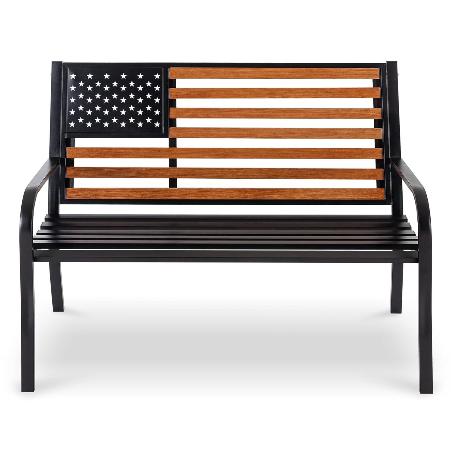 50" Outdoor Garden Bench, Cast Iron Metal Frame Patio and Porch Welcome Benches with Classic Americana Style Backrest and Weatherproof Seat, Park Decorative Memorial Bench (Black & Woodgrain Colors)