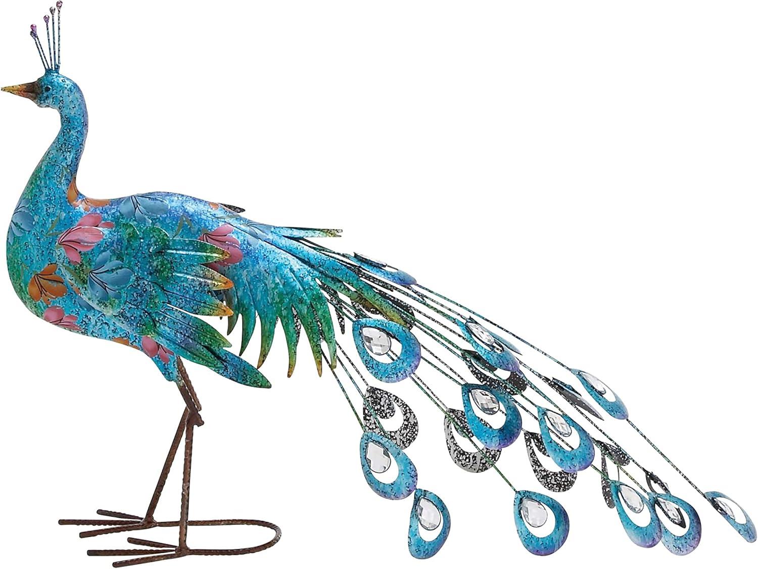 DecMode 20" Indoor Outdoor Peacock Garden Sculpture with Crystal Accents