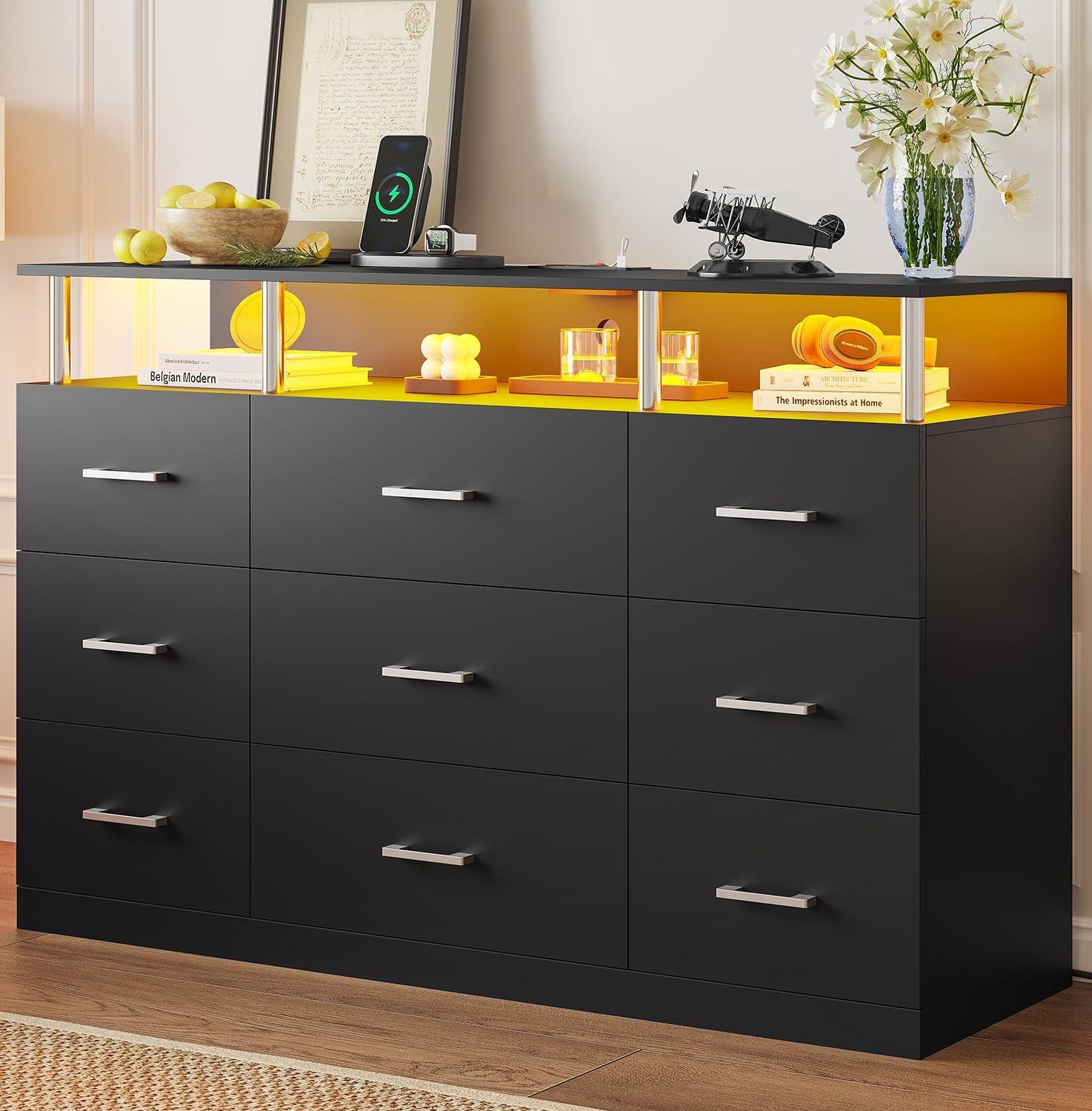 Modern Black 9-Drawer Dresser with LED and Charging Station