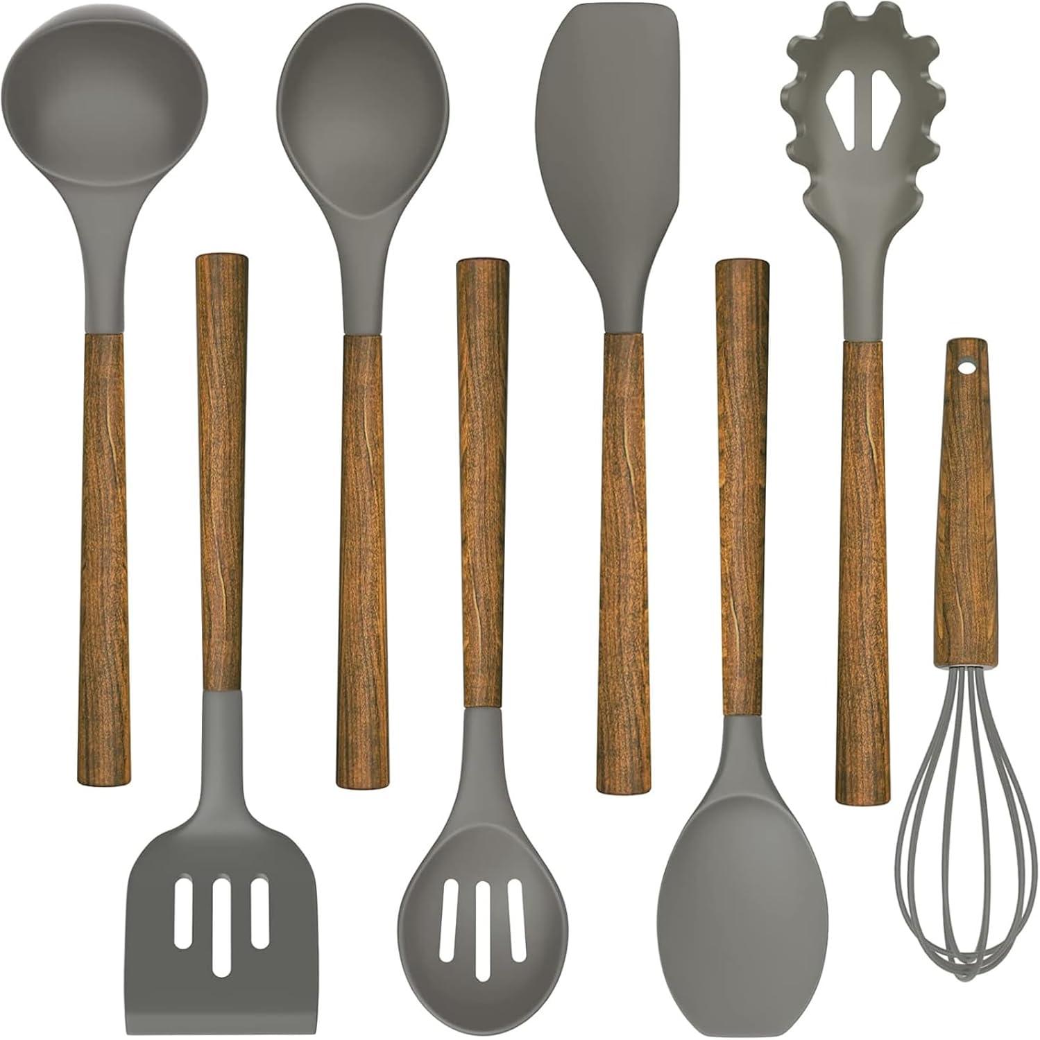 Gray Silicone Cooking Utensil Set with Acacia Handles, 8-Piece