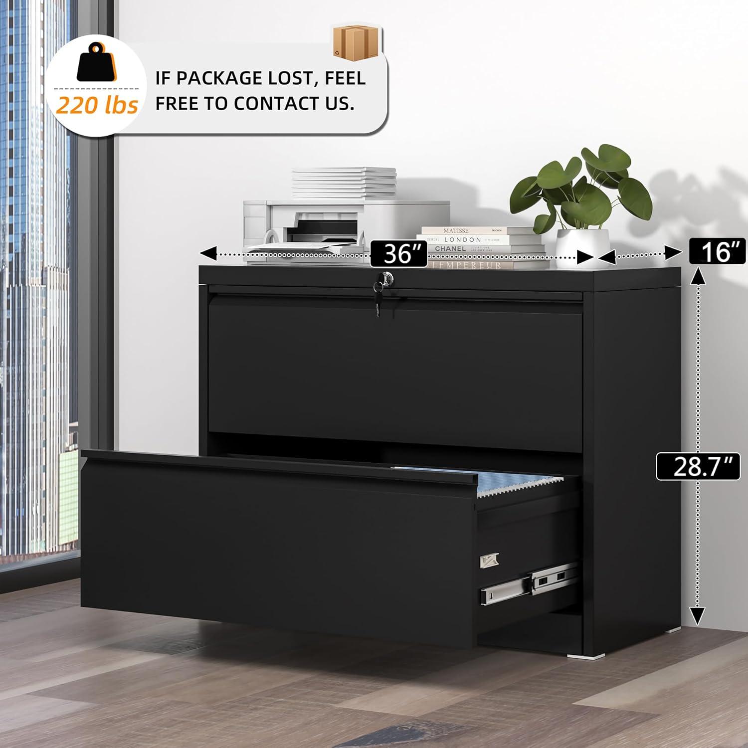 Black Metal 2-Drawer Lockable Lateral Filing Cabinet