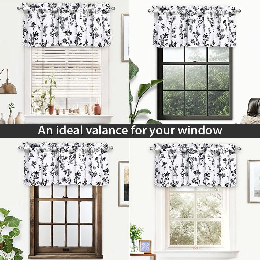 DriftAway Sylvia Floral Botanical Herbs Watercolor Printed Pattern Lined Blackout Thermal Insulated Window Curtain Valance Rod Pocket Single 52" x 18" Plus 2" Header Black White