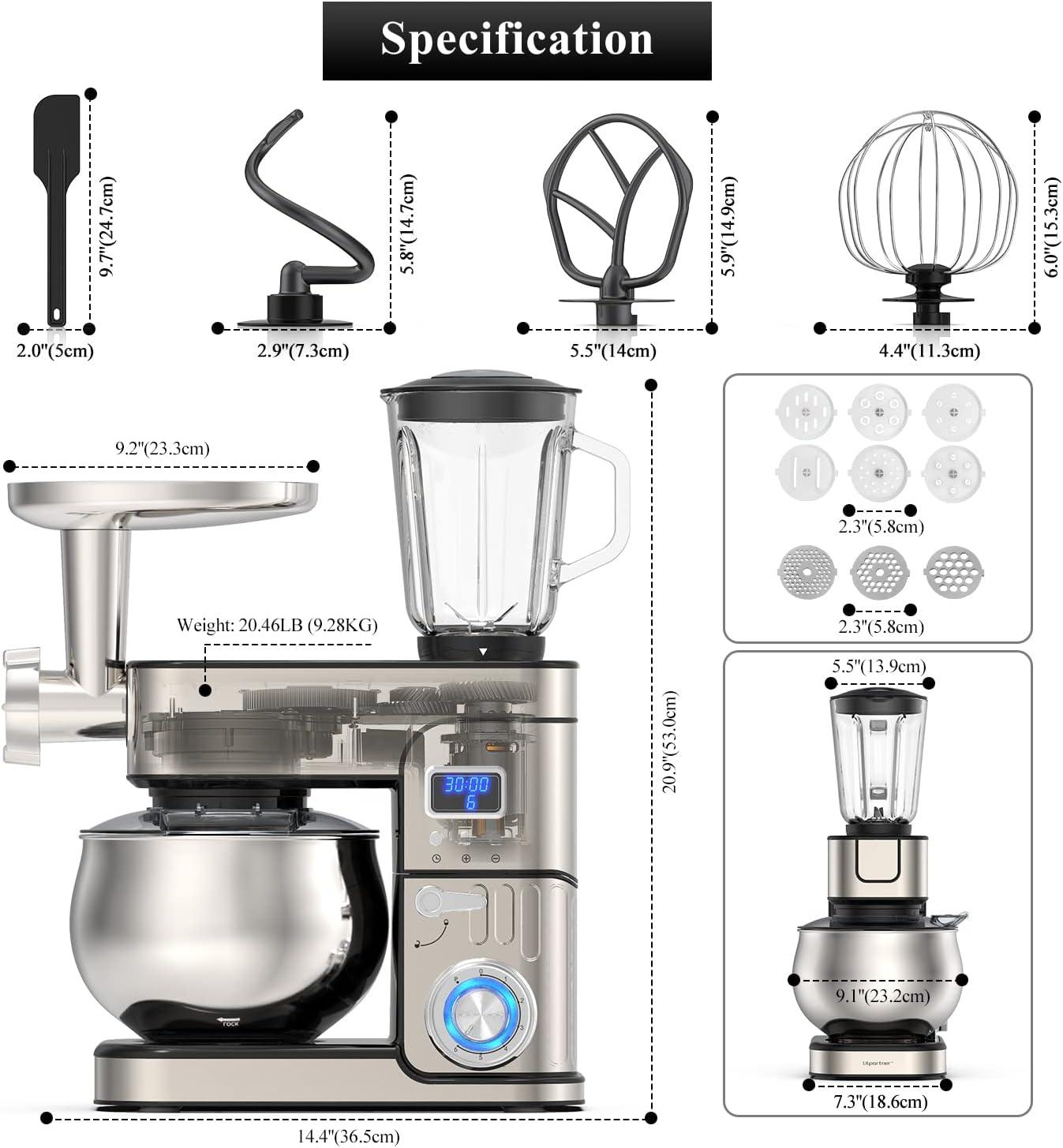 6.5 Quart Silver Stainless Steel 6-in-1 Stand Mixer with LCD Display