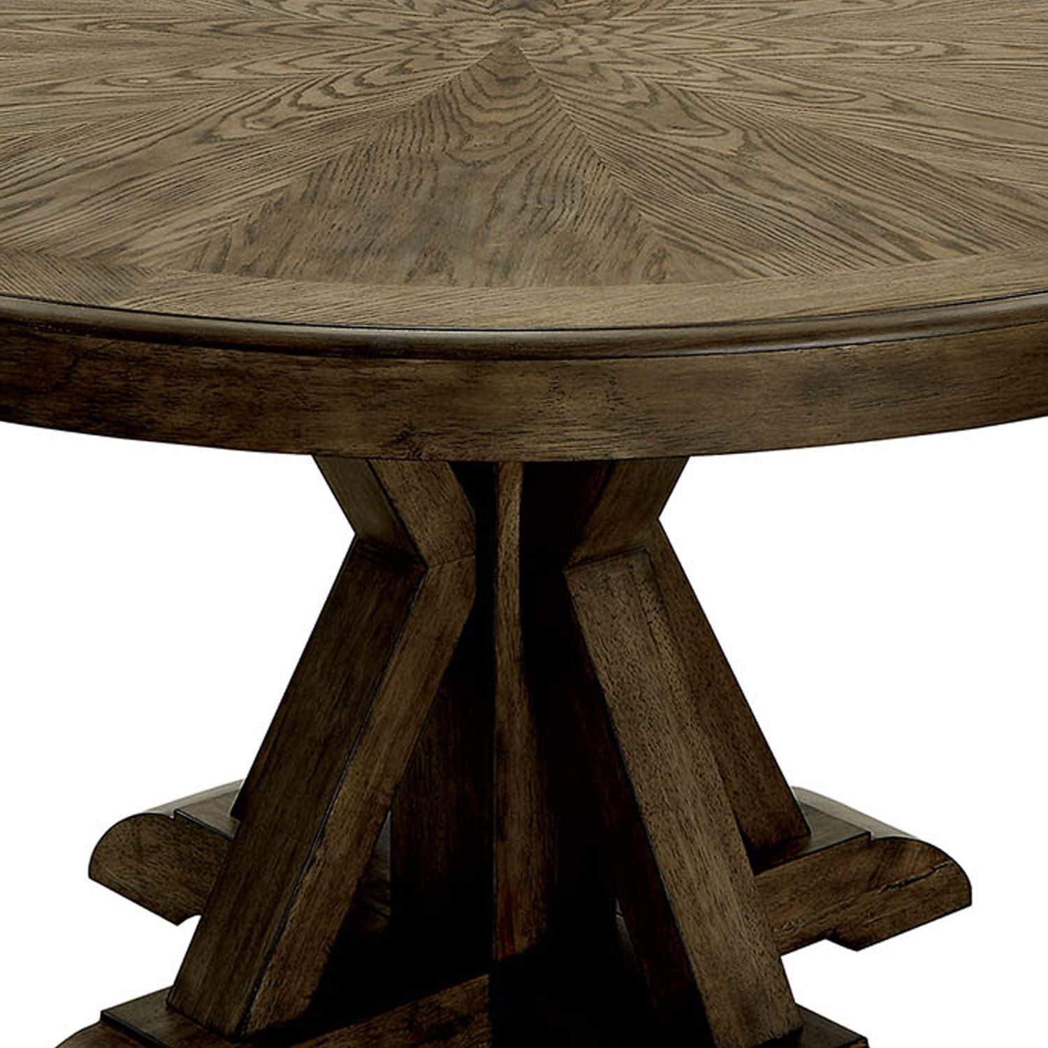 Benzara Round Solid Wood Dining Table with Pedestal Base, Light Oak Brown