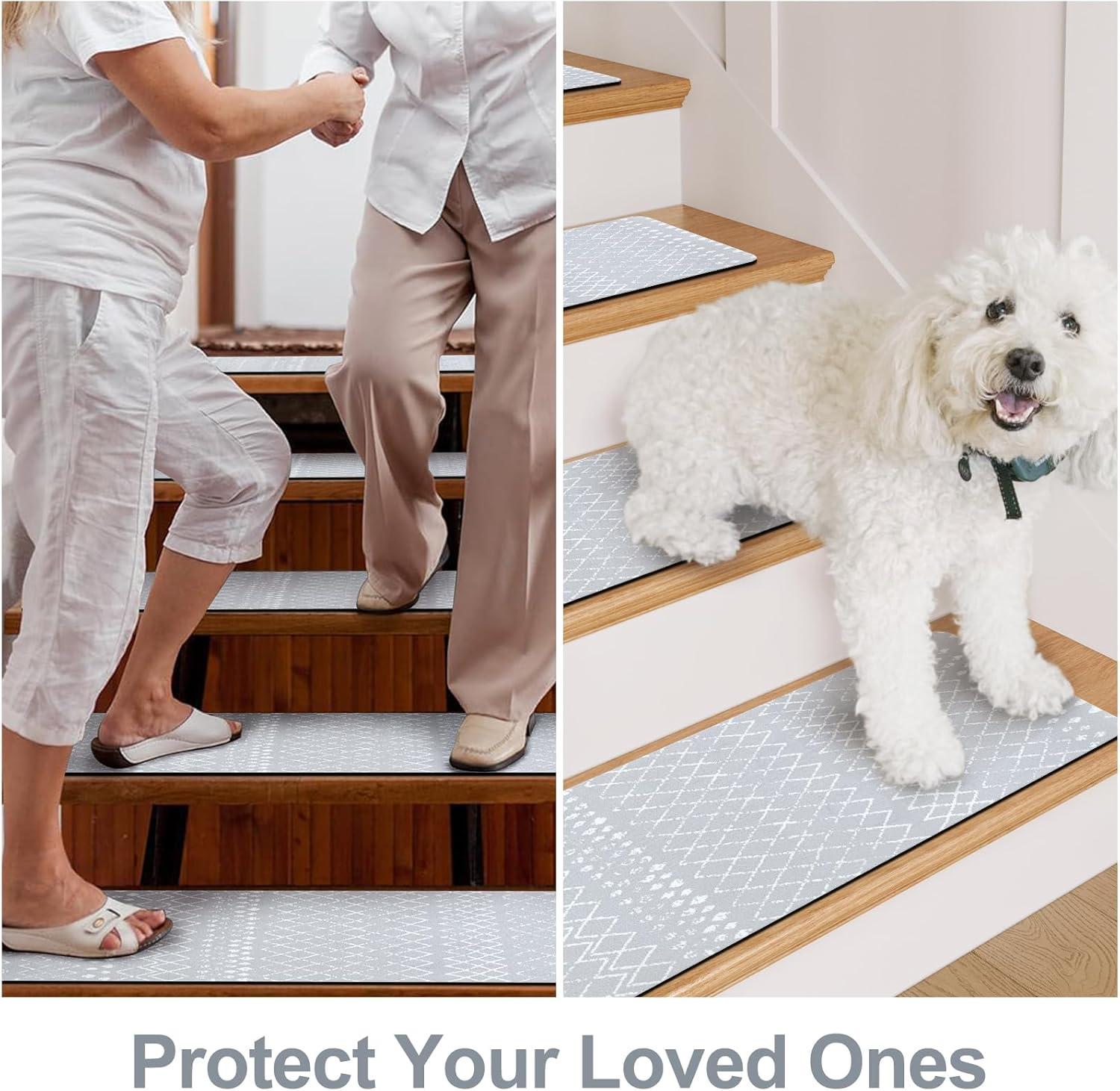 Bungalow Rose Stair Treads Non Slip For Wooden Steps, 15PCS 8"X30" Grey Rubber Backing Stair Runner Mats, Washable Reusable Carpet For Stairs Rugs Indoor Safety Staircase Step Treads For Kids Elders Dogs