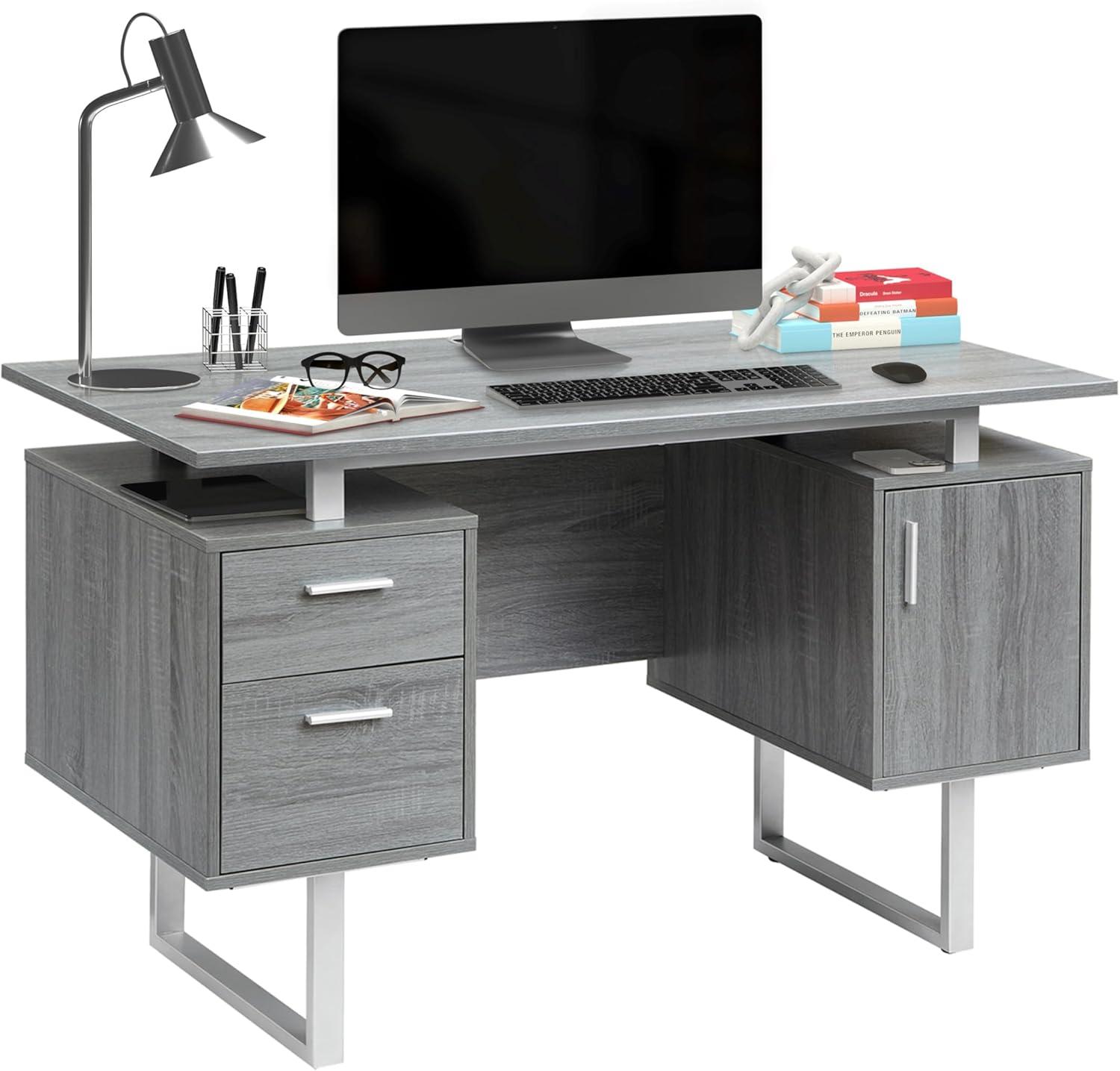 Modern Office Desk with Storage Gray - Techni Mobili: Sleek Metal Legs, File Cabinet, Floating Top