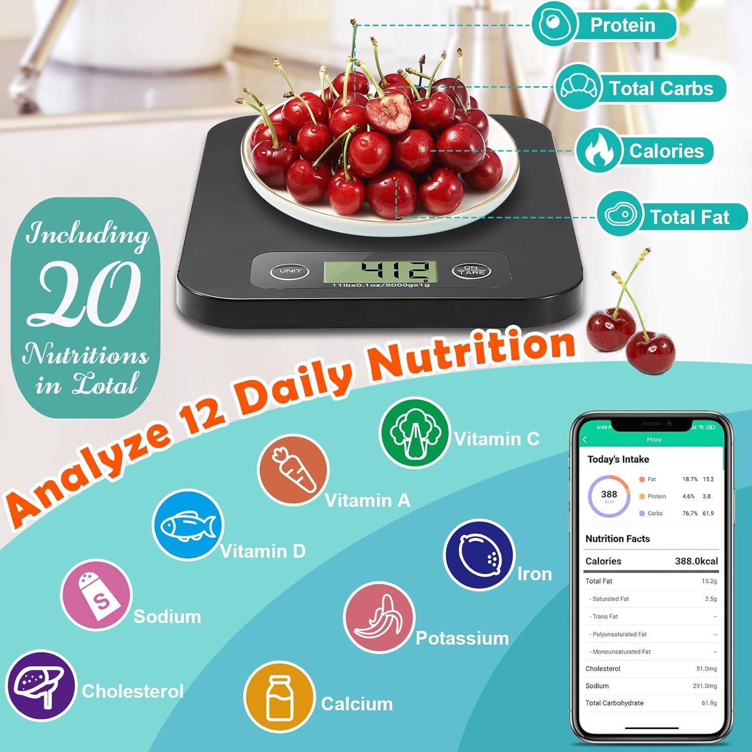 URAMAZ Smart Digital Food Scale for Weight Loss, Kitchen Food Scale Grams and Ounces with Nutritional Calculator, Food Weight Scale for Diet, Keto, Macro, Calorie, Cooking, Meal Prep 0.1oz/11lb