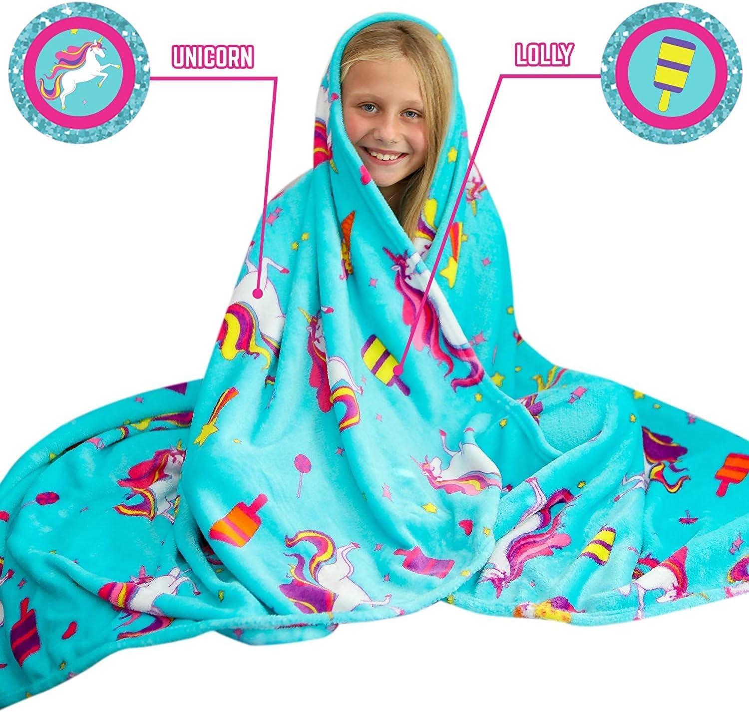 GirlZone Unicorn Fleece Blankets for Girls, Large Fluffy Blankets for Teen Girls with Cute Unicorn and Mermaid Designs