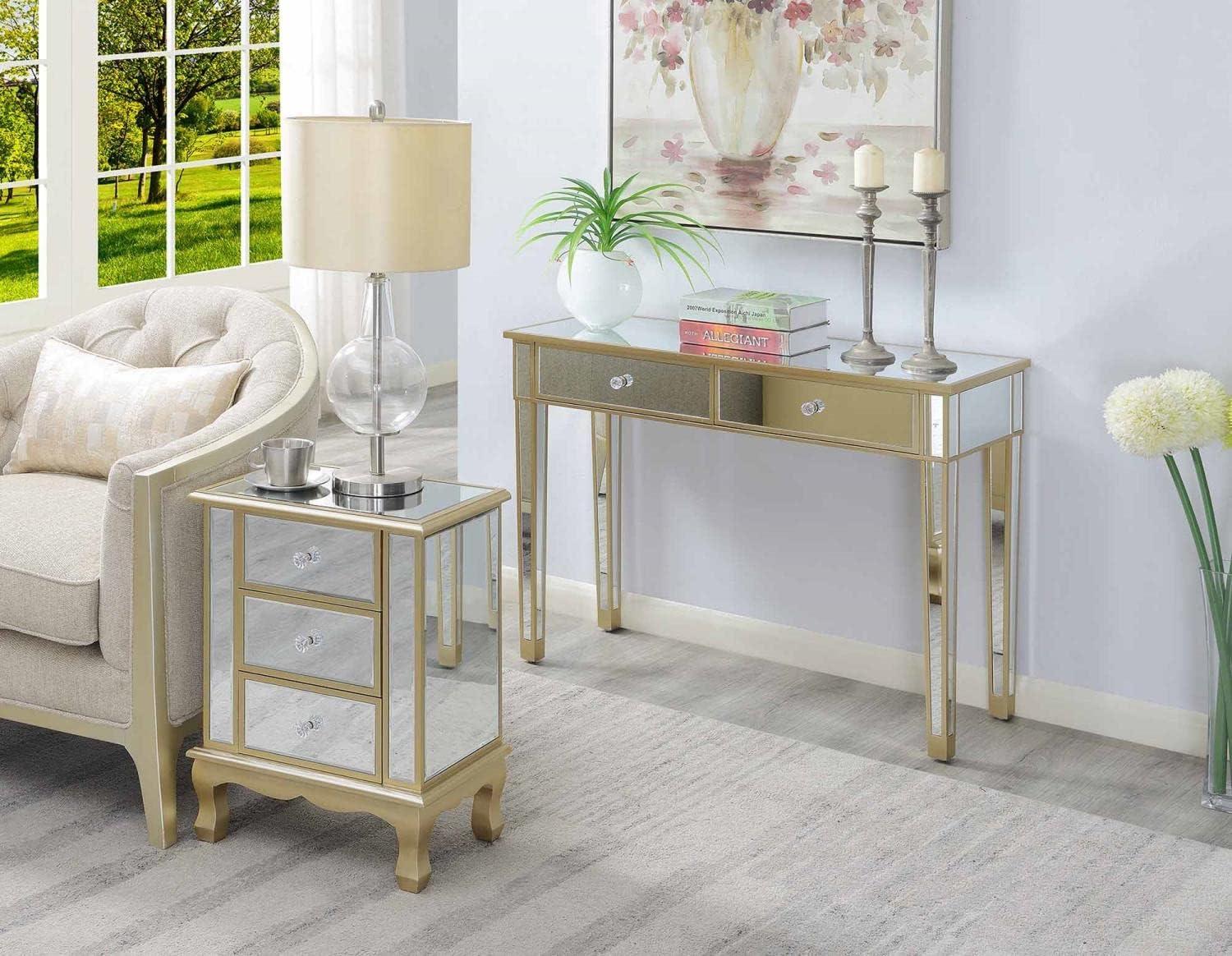 Gold Coast White Wood Mirrored Glass 3-Drawer End Table