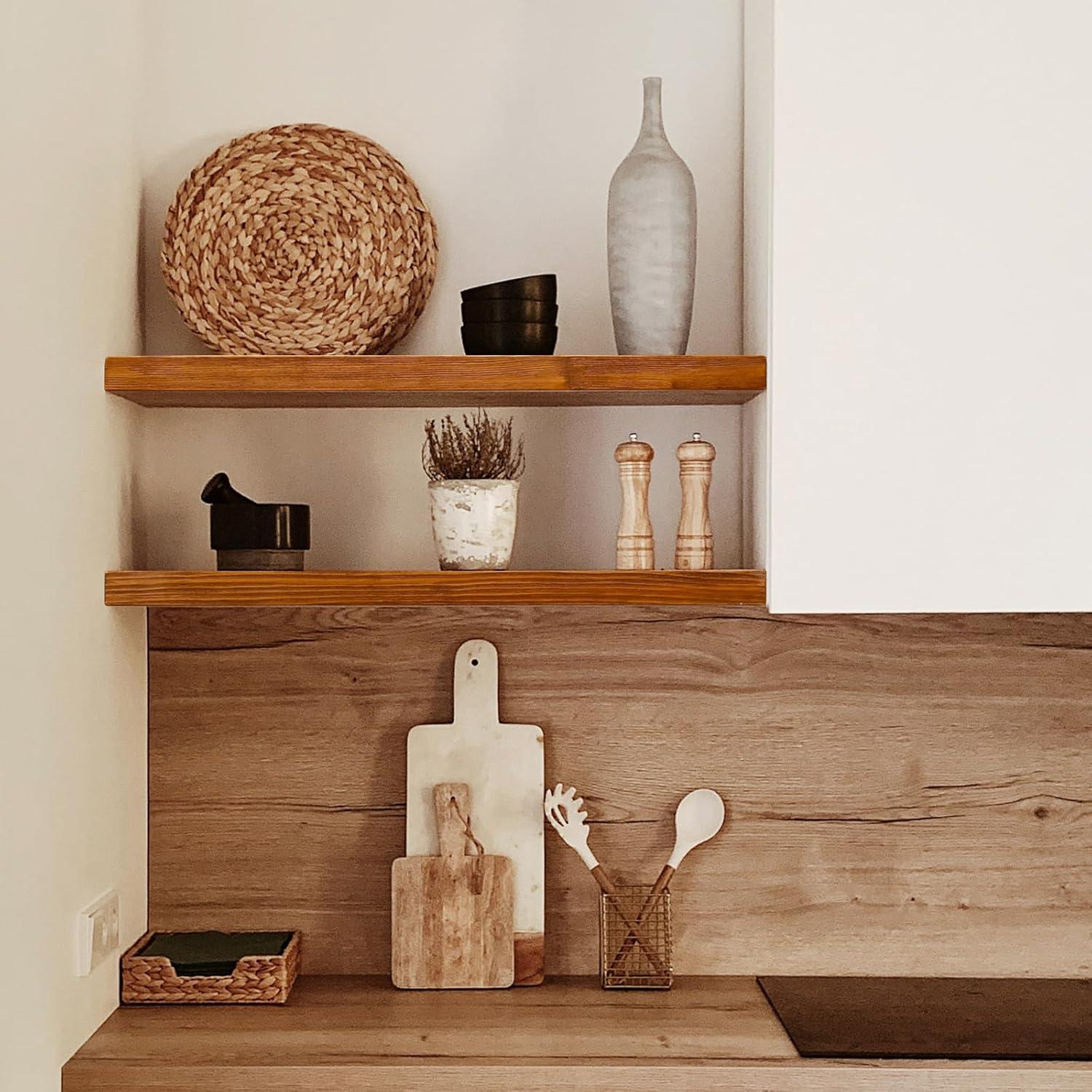 WELLAND Bradley Handmade Wood Floating Shelves Rustic Wall-Mounted Shelves, Set of 2, Walnut Finish