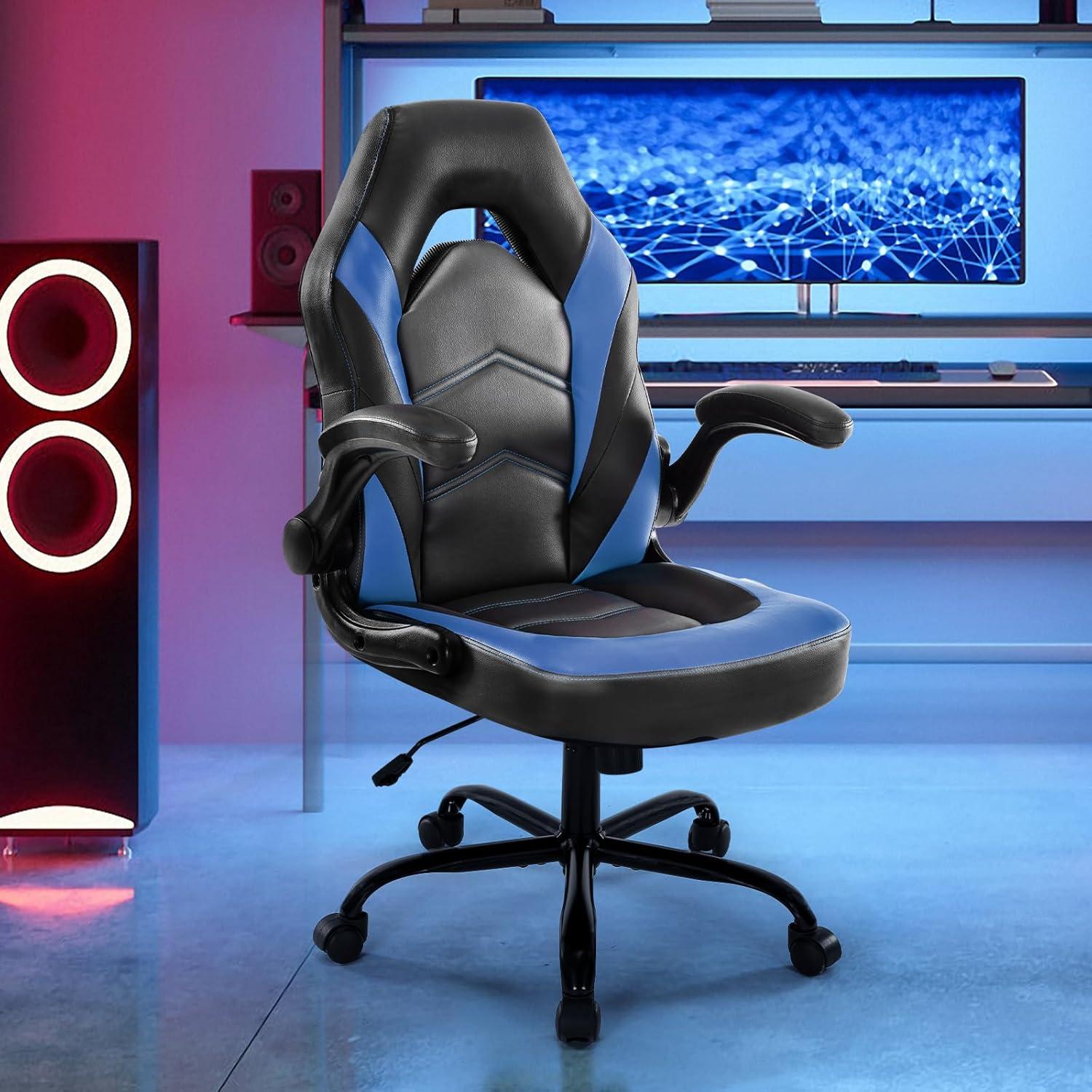 Domiluxe Ergonomic Computer Gaming Chair - Home Office Desk with PU Leather Lumbar Support,Height Adjustable with Flip-up Armrest,Swivel Wheels for Adults and Teens,Black＆Red