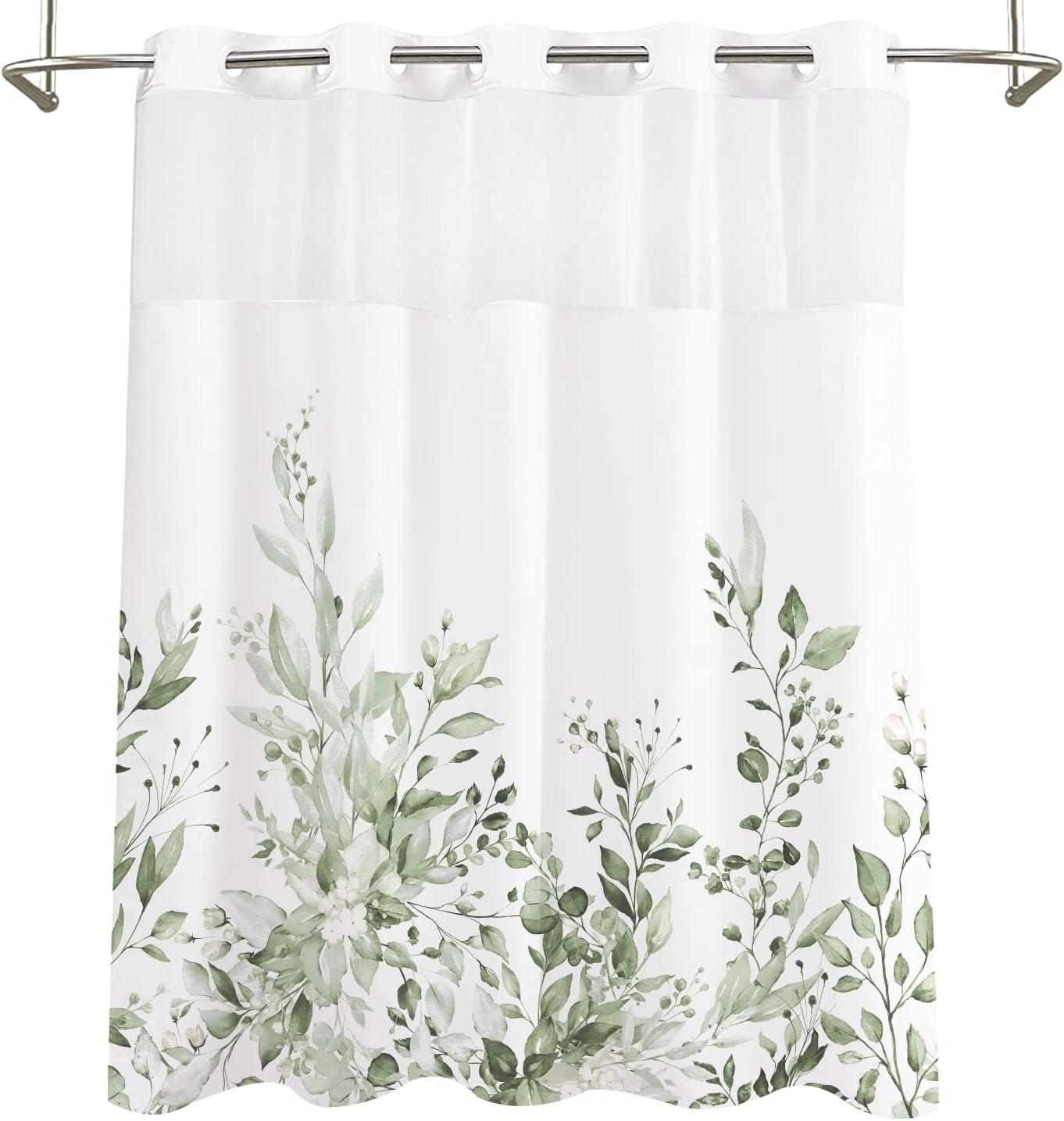 No Hook Shower Curtain with Snap in Liner, Eucalyptus Leaf Vintage Sage Green Leaves Hotel Shower Curtains for Bathroom, Washable Shower Curtain Liner Set with Mesh Top Window, 66"x72"