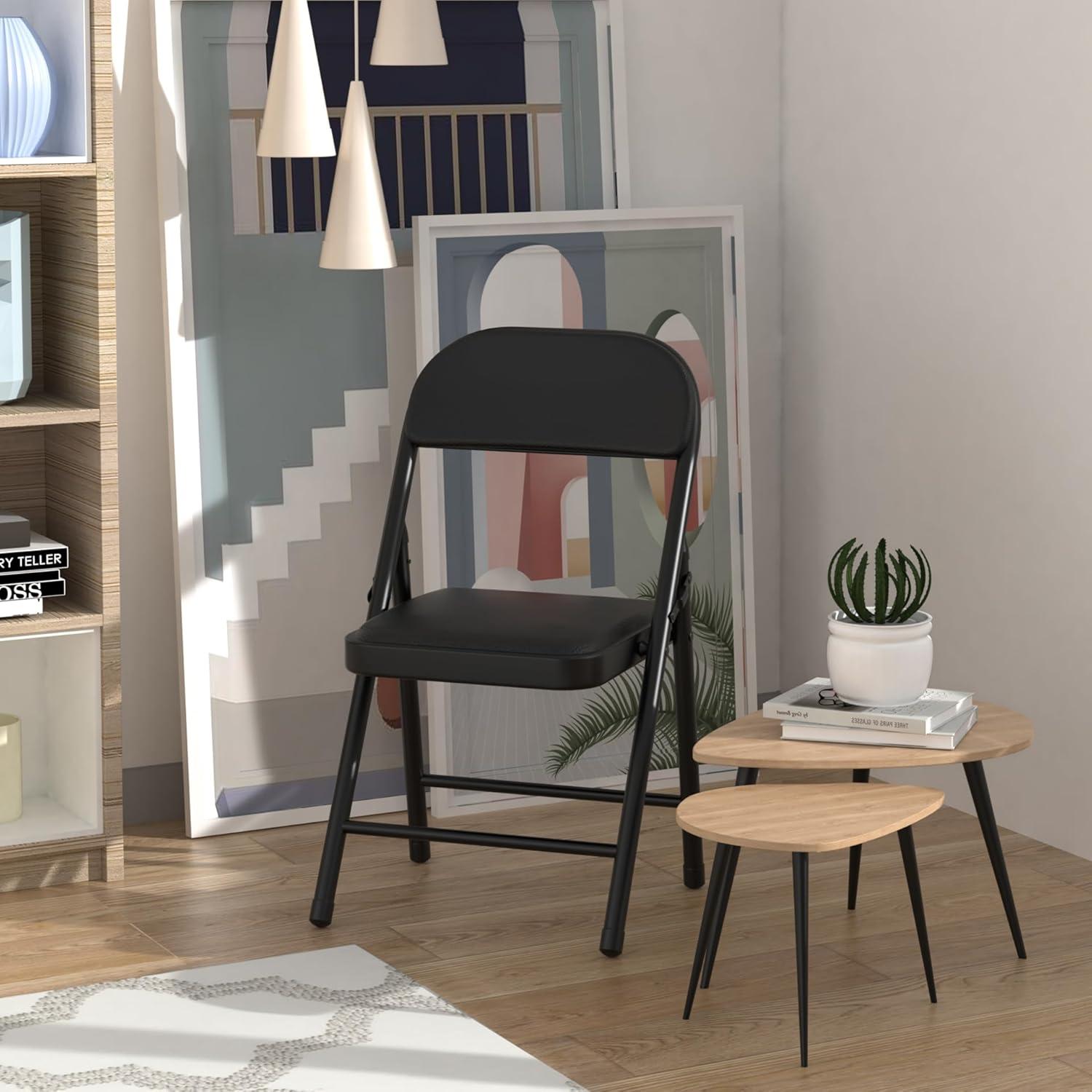 Black Metal Folding Dining Chairs with Cushions, Set of 2